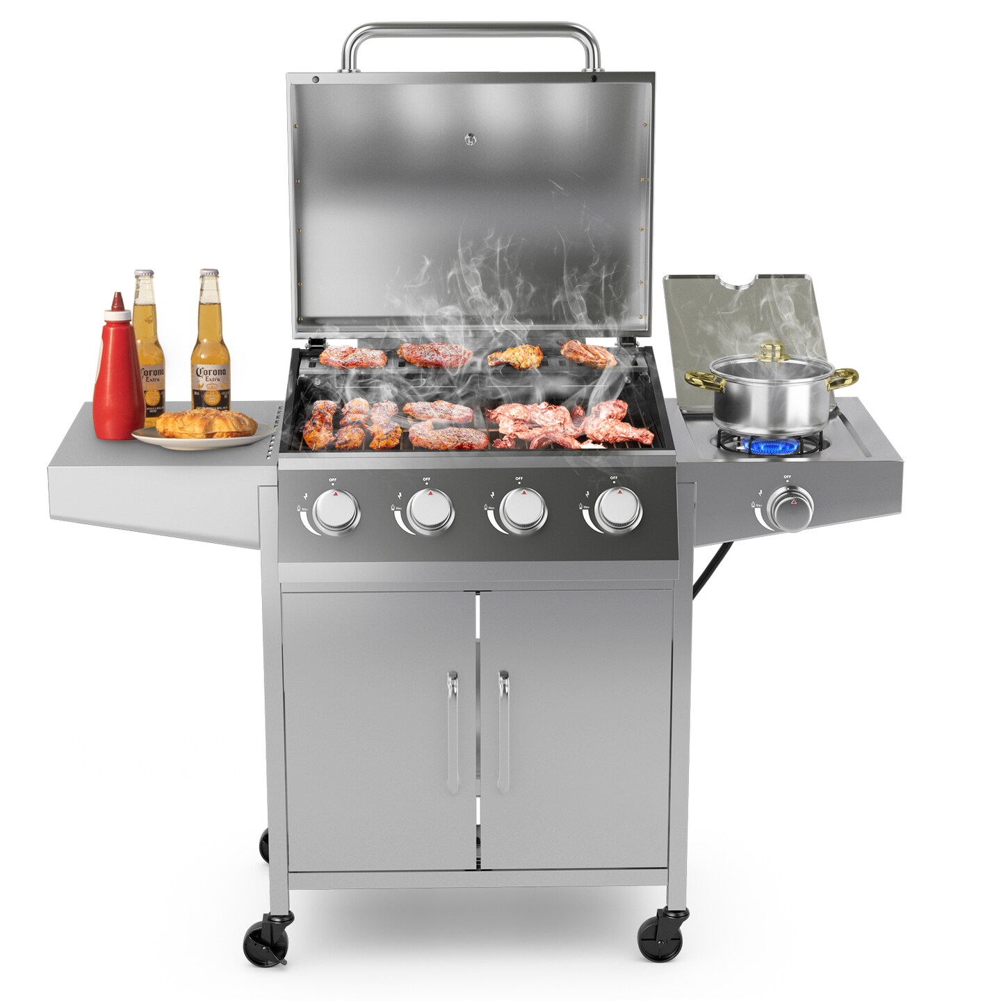 4-Burner Propane Gas Grill with Side Burner – 50,000 BTU Stainless Steel BBQ Grill