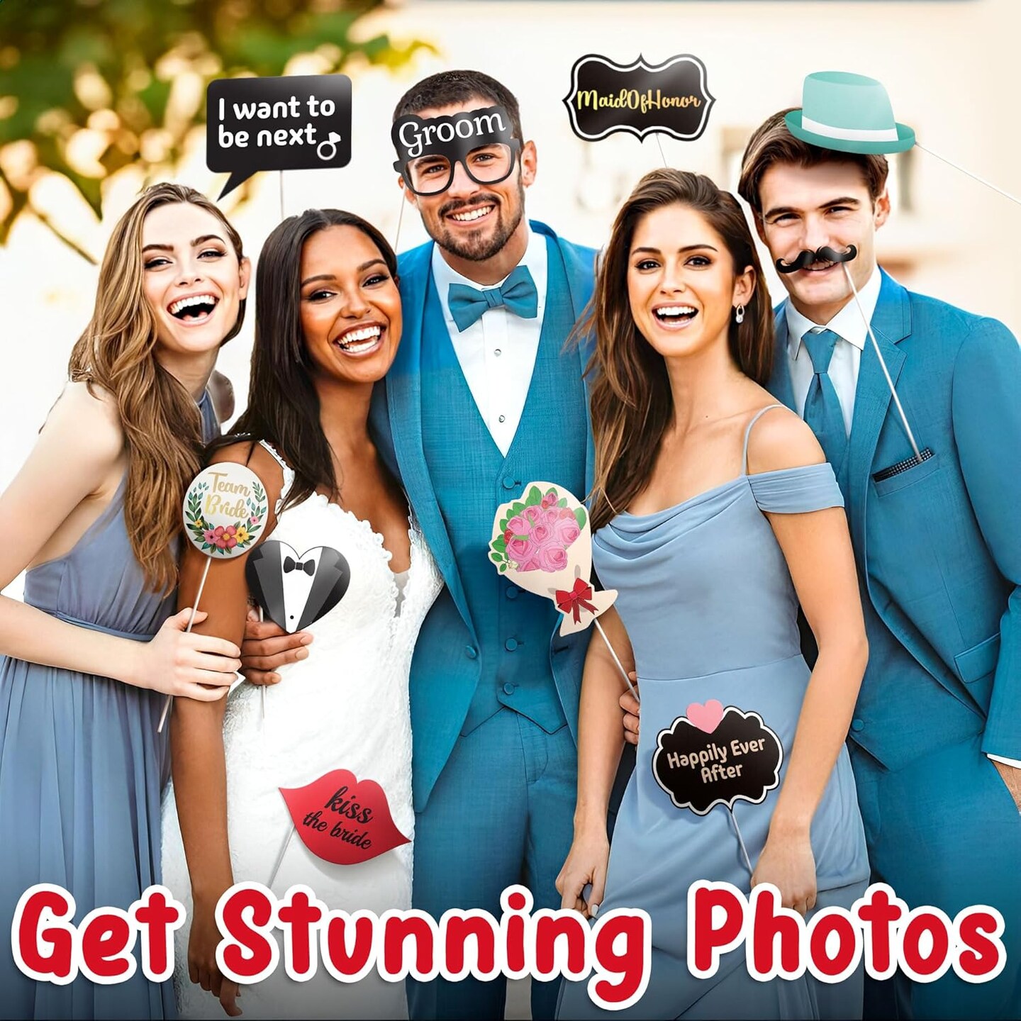 Photo Booth Props - 70 Pieces, Multicolored - Fun Photoshoot Party Selfie Accessories - Silly Group Picture Favors for Wedding Reception, Anniversary, Engagement, or Shower
