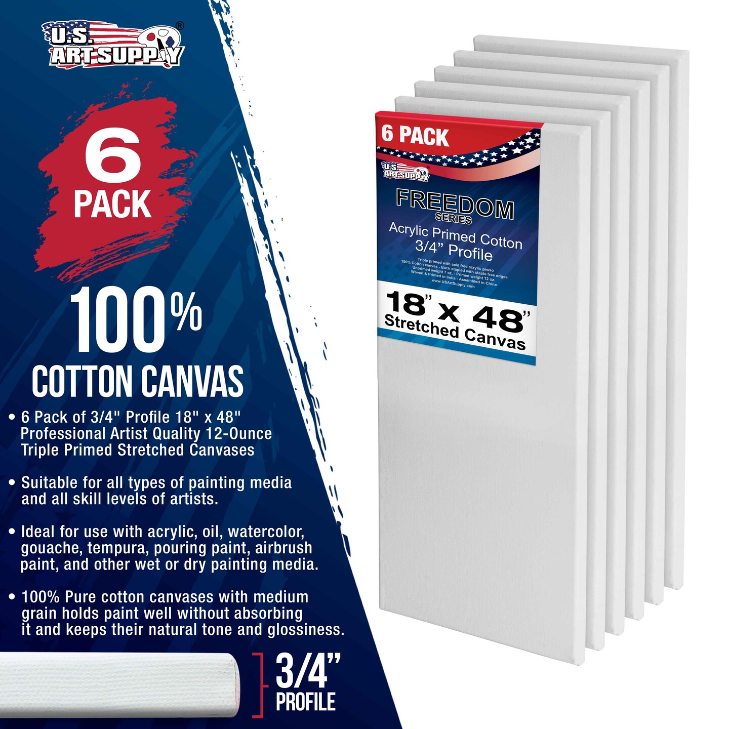 18 x 48 inch Stretched Canvas 12-Ounce Triple Primed, 6-Pack - Professional Artist Quality White Blank 3/4&#x22; Profile, 100% Cotton, Heavy-Weight Gesso