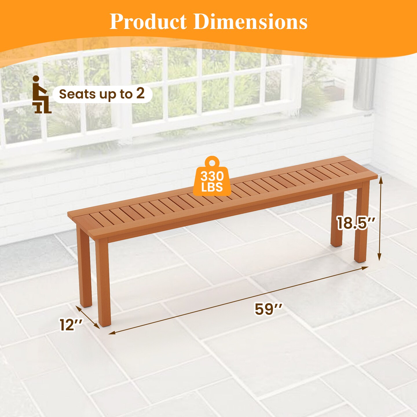 Natural 59 Inch Wooden Patio Dining Backless Bench with Teak Oil Finish and Slatted Seat