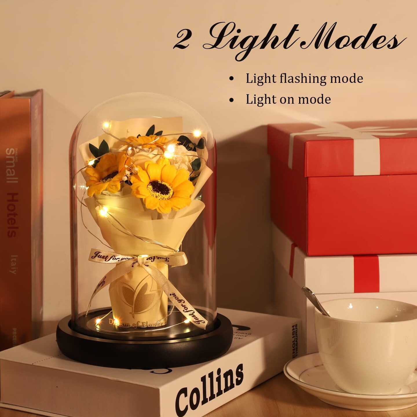 Mothers Day Sunflower Gifts for Mom,Flower Rose in Glass Dome with 2 Lighting Mode,Sunflower Gifts for Her,Artificial Forever Flowers Birthday Gifts for Women Mom Wife Girlfriend