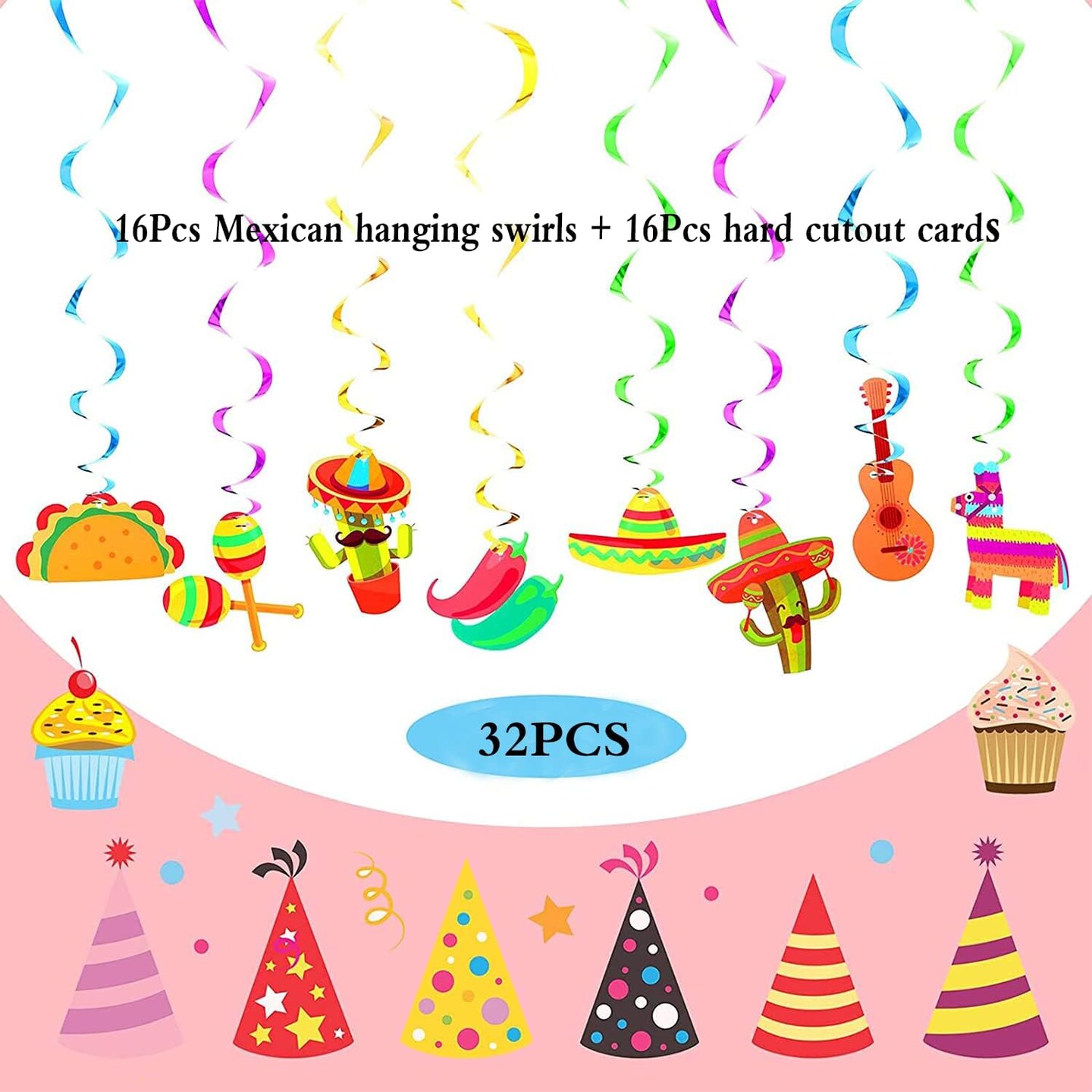 32Pcs Mexican Fiesta Hanging Streamers Swirl Decorations - Taco Twosday Birthday, Cinco De Mayo Party Supplies - Taco Party Ceiling Hanging Decorations for Boys &#x26; Girls Showers