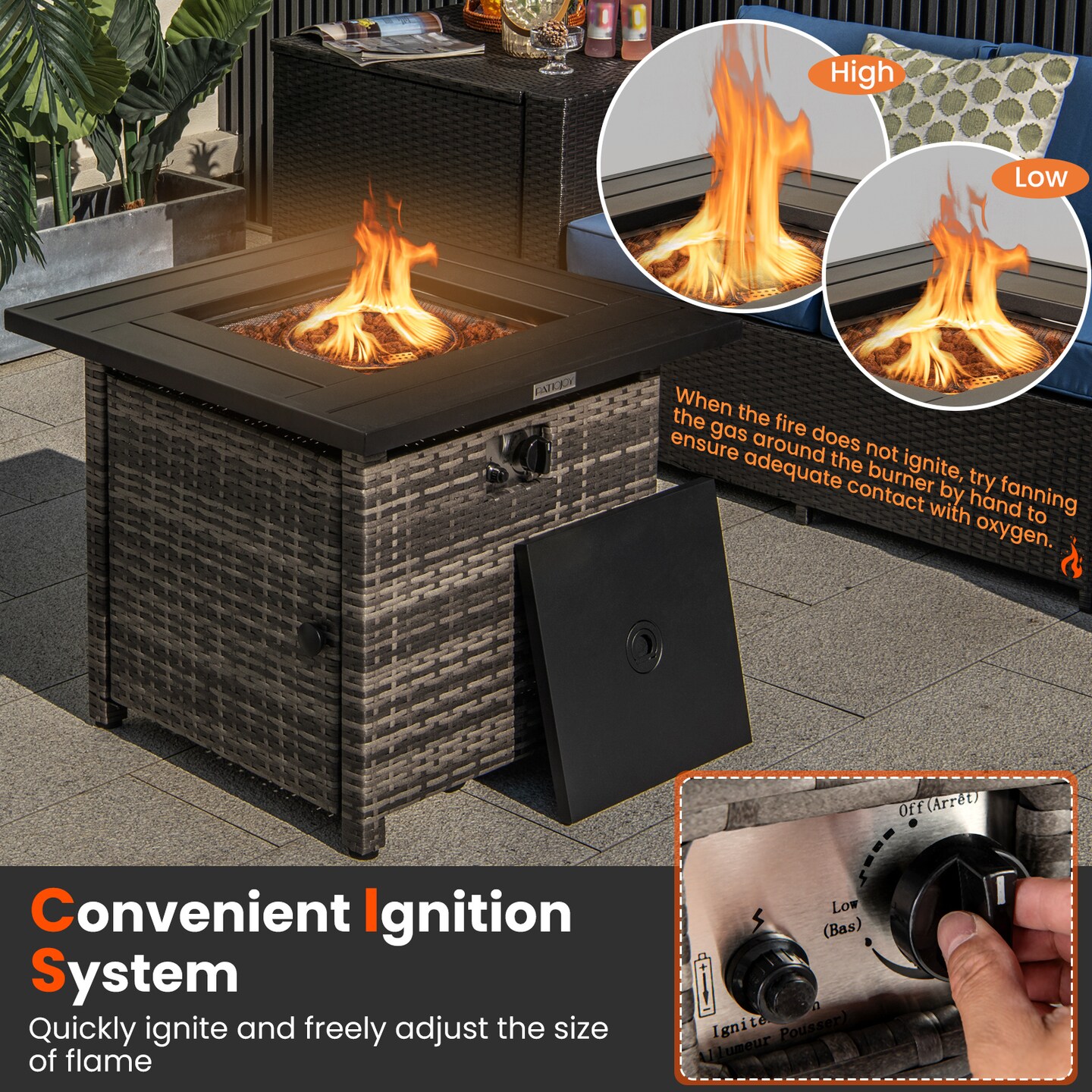 Grey Rattan Fire Pit Table with Lid – 50,000 BTU and Convertible