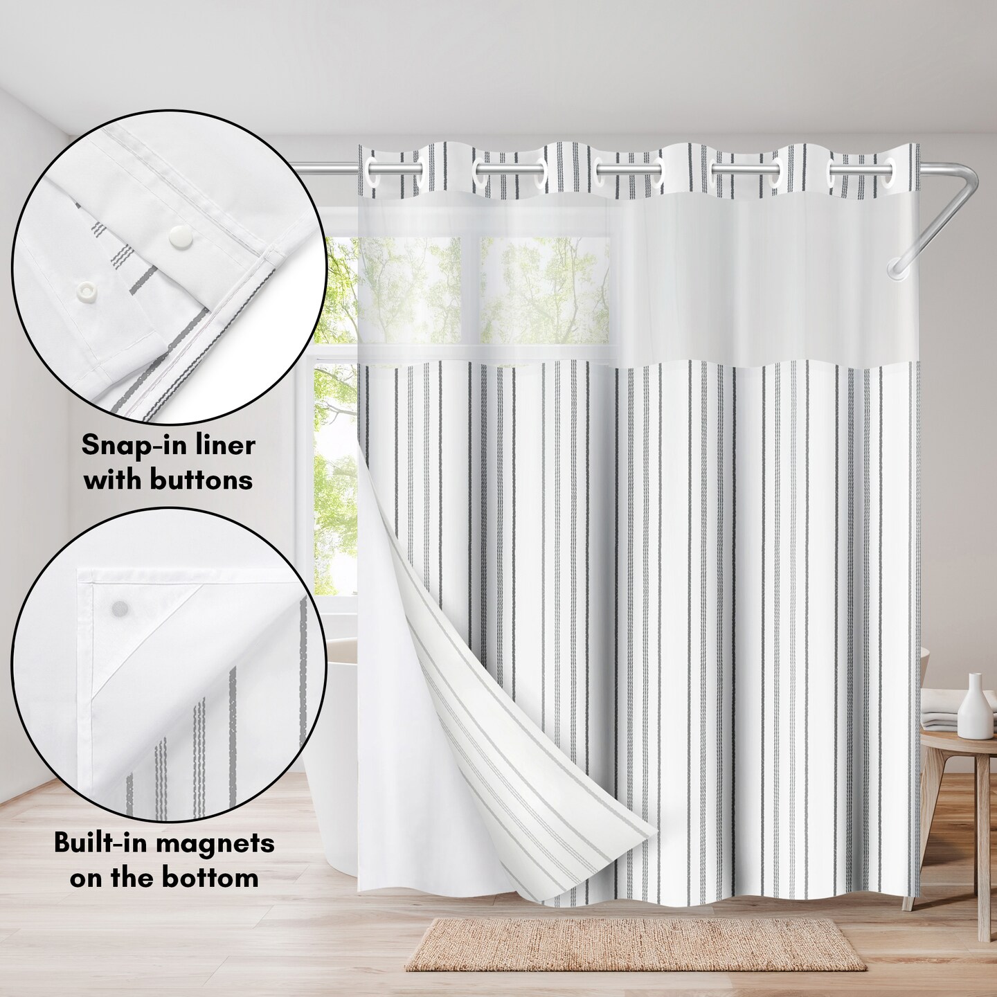 Americanflat 72x75 Hookless Shower Curtain - Water-Resistant Shower Curtain with Sheer Panel, Snap-In Liner, and Grommets - 100% Polyester