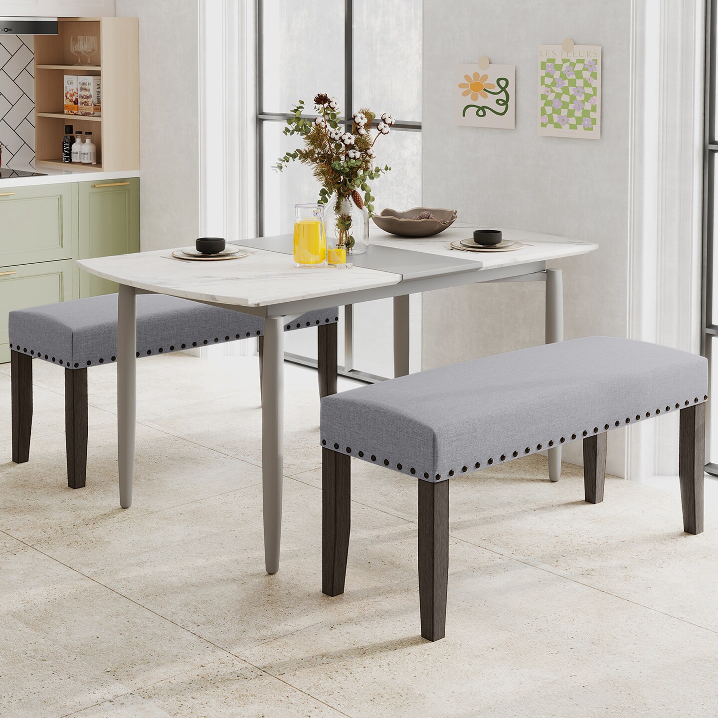 42.5 Inch Grey Upholstered Entryway End of Bed Bench with Padded Seat and Wooden 4 Legs