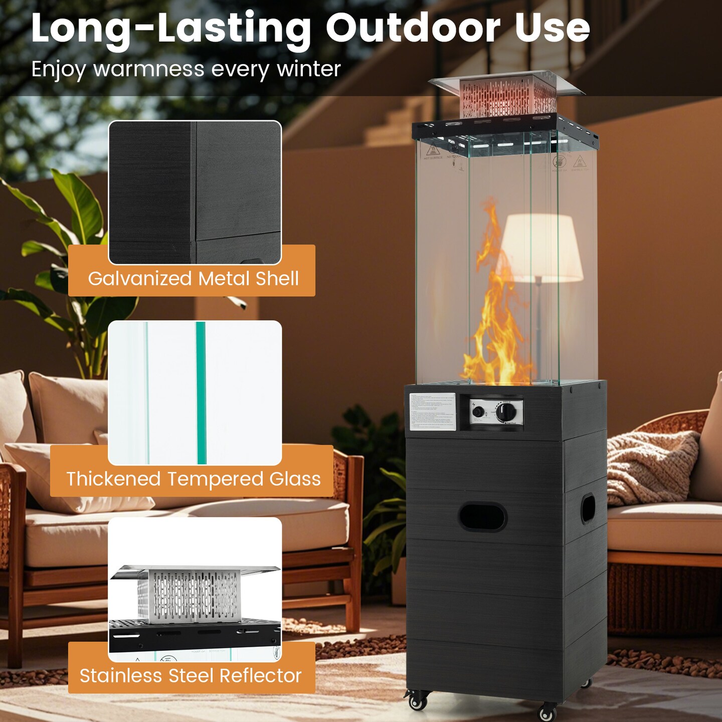 Black Outdoor Propane Gas Heater with Glass Tube and 4 Universal Casters