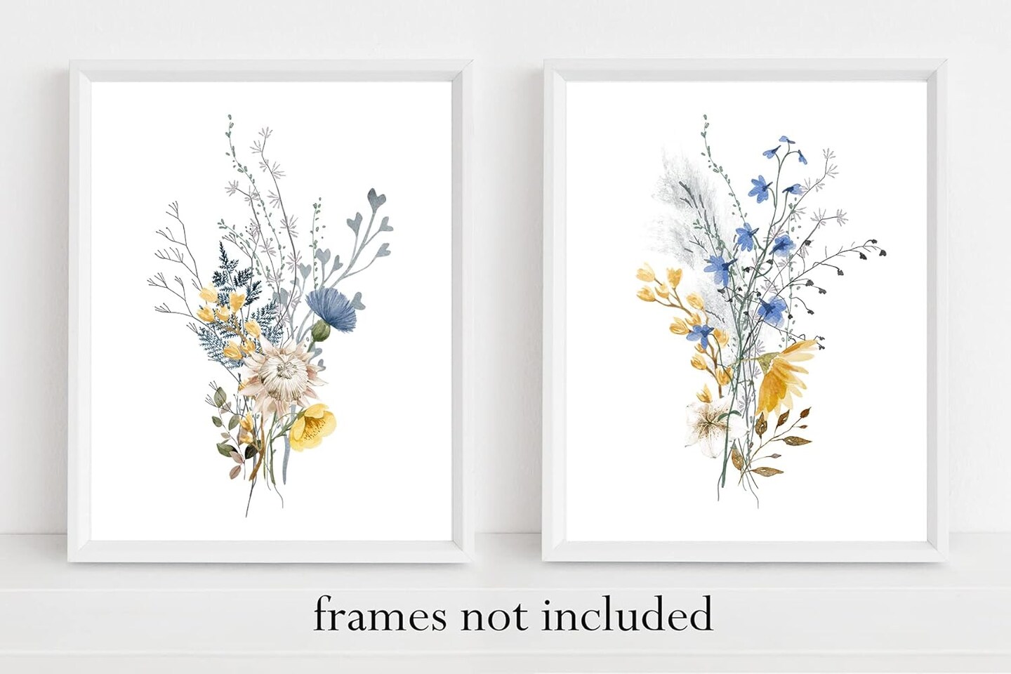 Summer Flower Botanical Wall Decor, Vintage Floral Nature Decor, Wildflower Branch Leaf Watercolor in Blue, Yellow, Neutral, Rustic Cottage Country Farmhouse Artwork Prints for Bedroom, Unframed 11x14 Set of 2