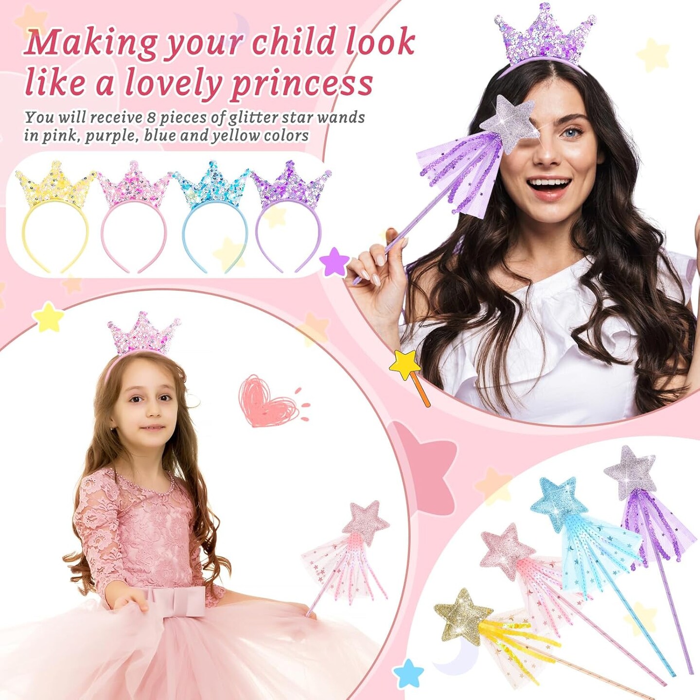 24 Pcs Princess Wands Party Favors Glitter Star Fairy Wands Sequin Princess Crown Headbands for Girls Birthday Party Gifts