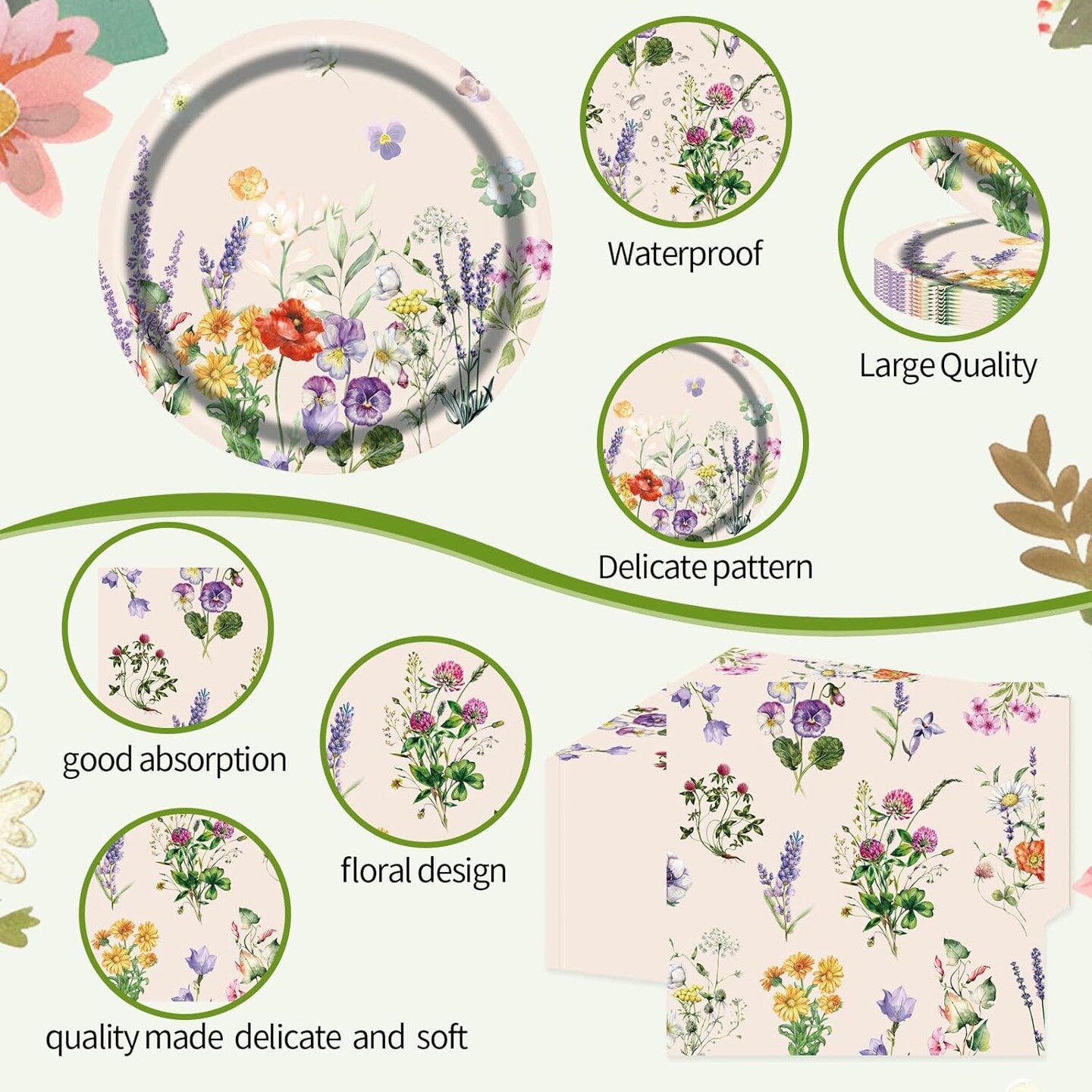 75pcs Floral Disposable Tableware Set, Spring Floral Paper Party Supplies Plates Napkins Wildflower Dinnerware Favors for Baby Shower Girls Women Birthday Tea Picnic Serve 25 Guests