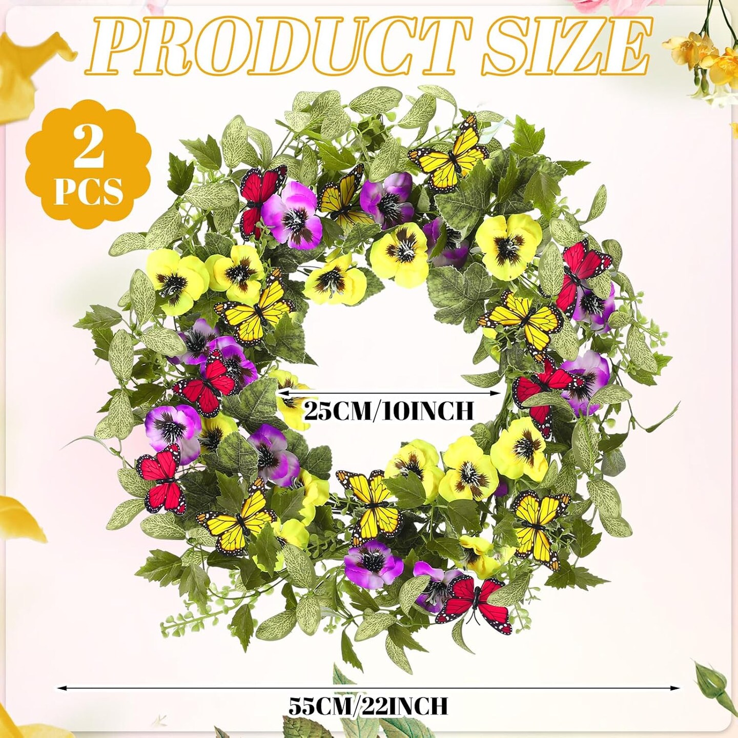2 Pcs Summer Door Wreaths for Front Door &#x2013; 22&#x27;&#x27; Artificial Yellow and Purple Pansy Wildflower Wreaths for Indoor and Outdoor Home Decor