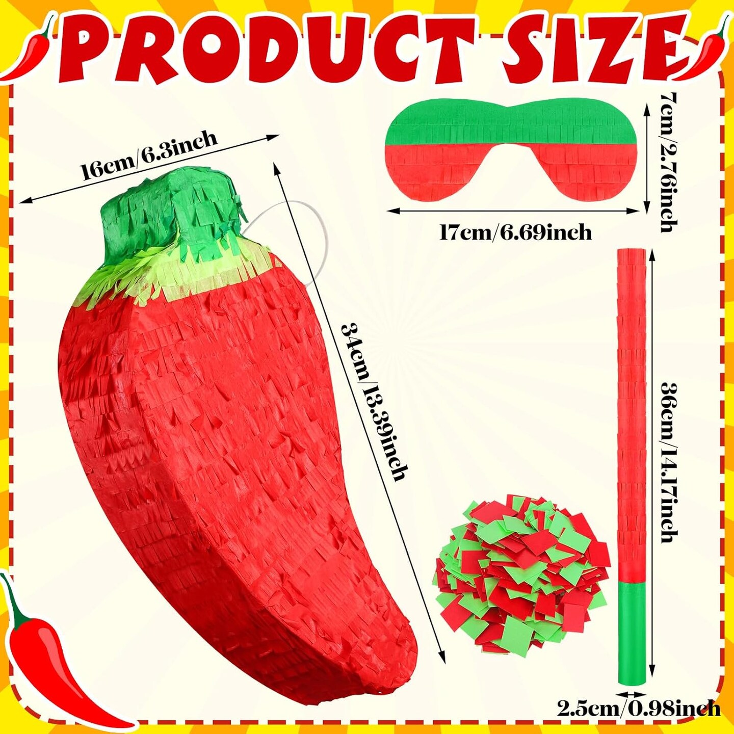 Red Chili Pepper Piñata with Piñata Stick and Blindfold, Fiesta Piñata Funny Piñata for Hot Pepper Festival Chili Themed Birthday Party Supplies Decoration