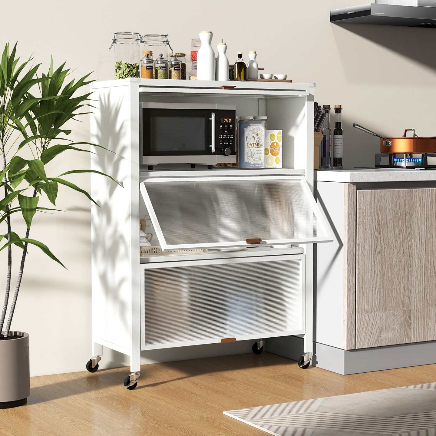 4-Tier White Metal Foldable Kitchen Bakers Rack with Flip Doors and 4 Universal Wheels