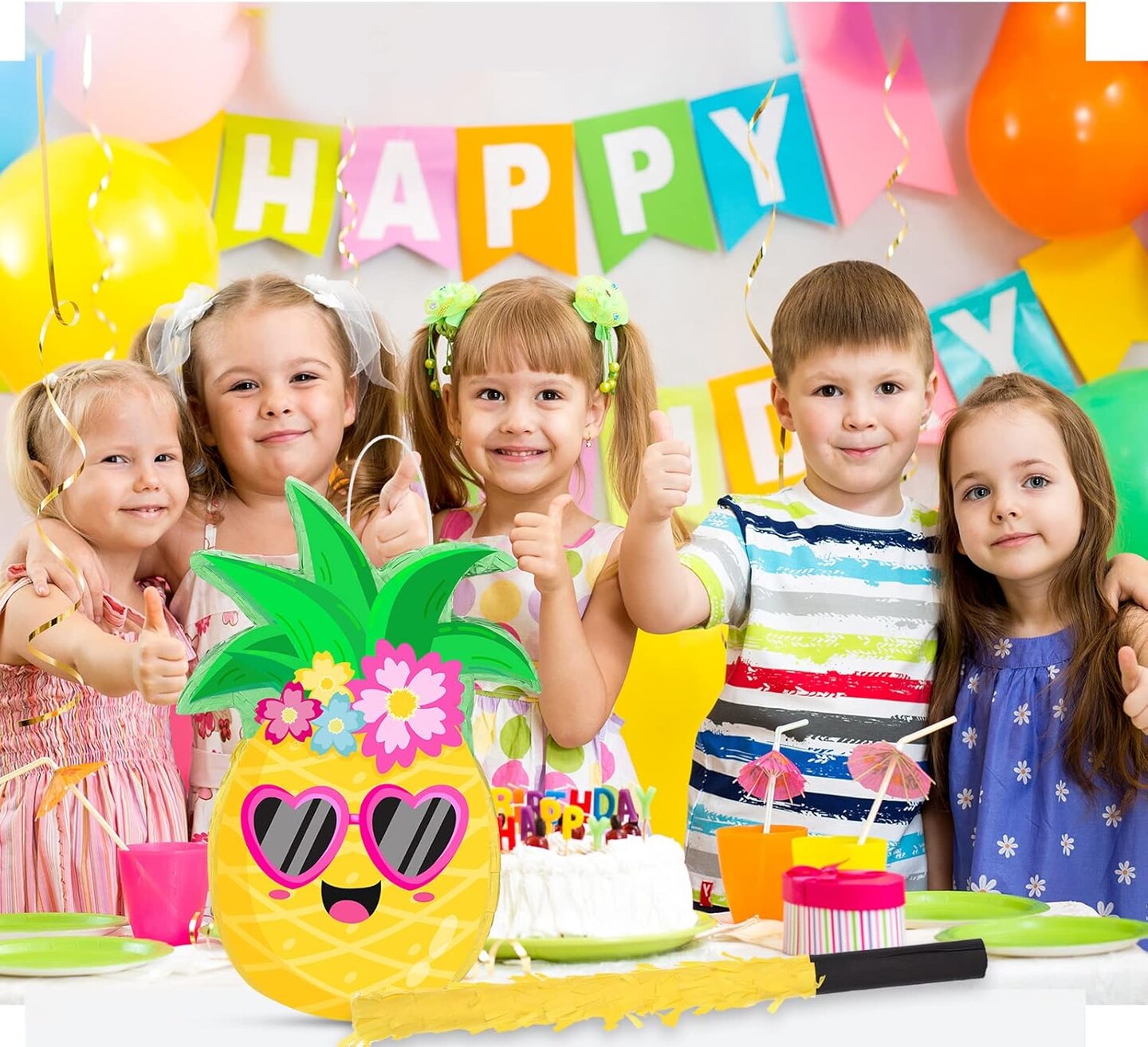 Small Pineapple Piñata Summer Fruit Piñata with Blindfold Bat for Hawaiian Tropical Luau Party Supplies