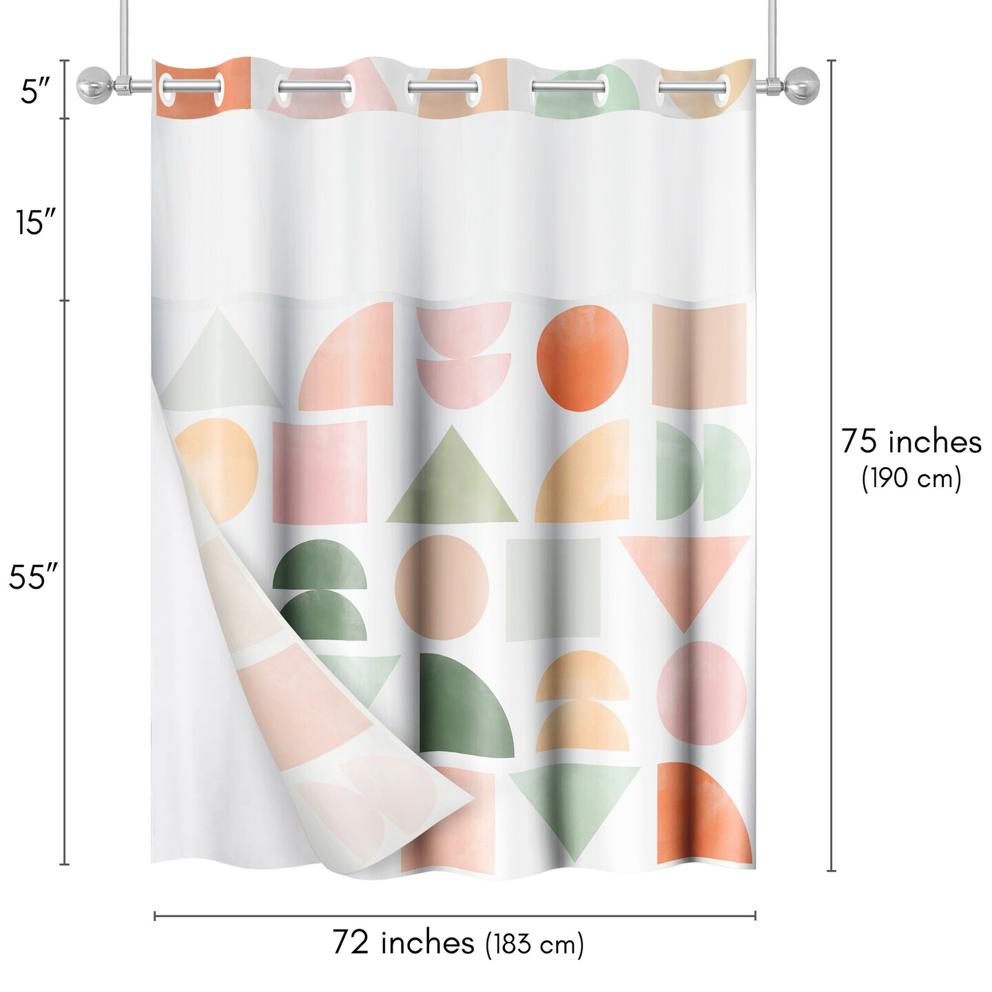 Americanflat 72x75 Hookless Shower Curtain - Abstract Orange Green Shower Curtain with Sheer Panel, Snap-In Liner, and Grommets - 100% Polyester