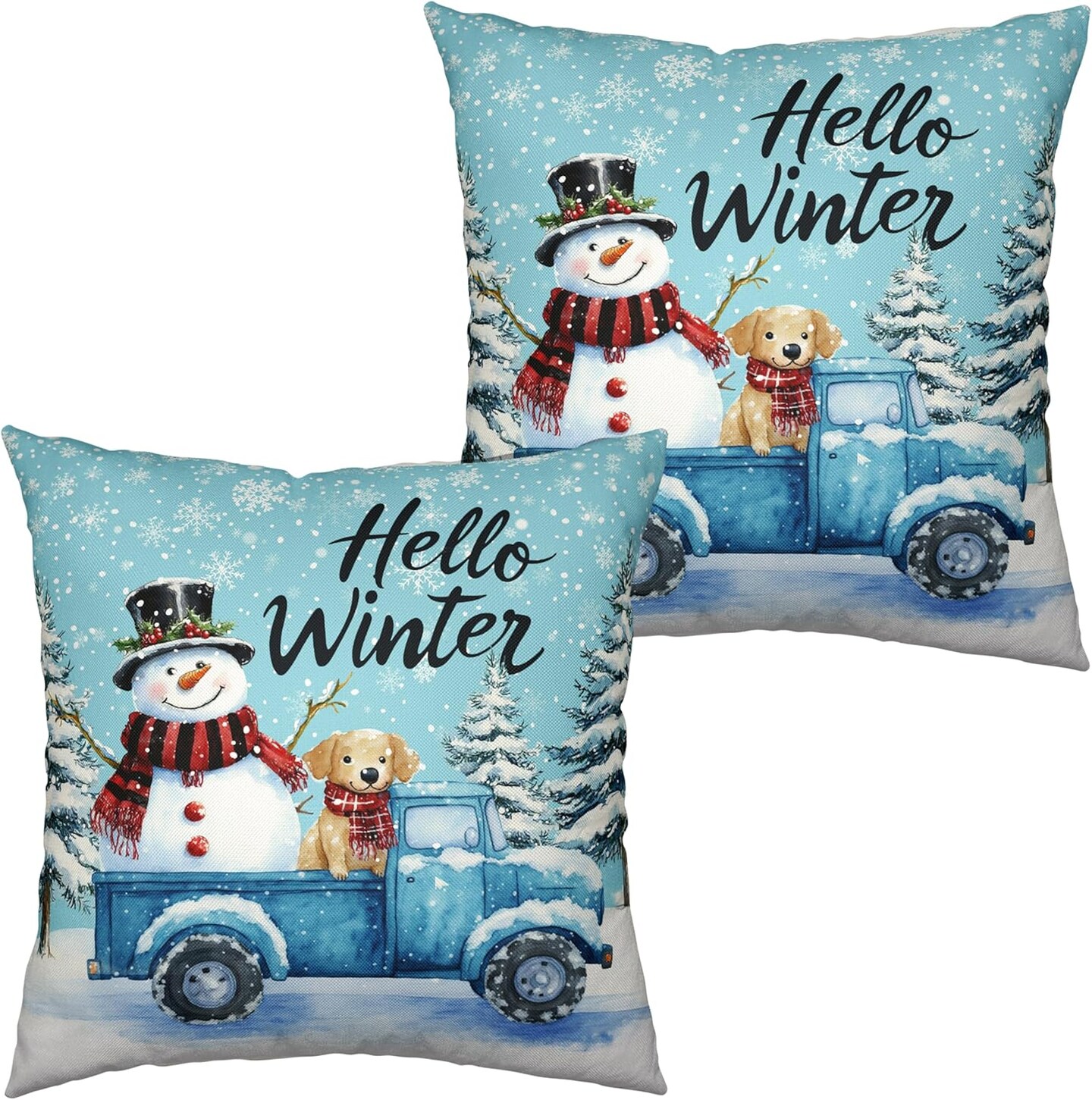 Hello Winter Pillow Covers 18x18 Set of 2 Blue Truck with Lovely Snowman Puppy Dog Throw Pillow Case Snowflakes Snowman Cushion Case for Holiday Decorations Couch Sofa