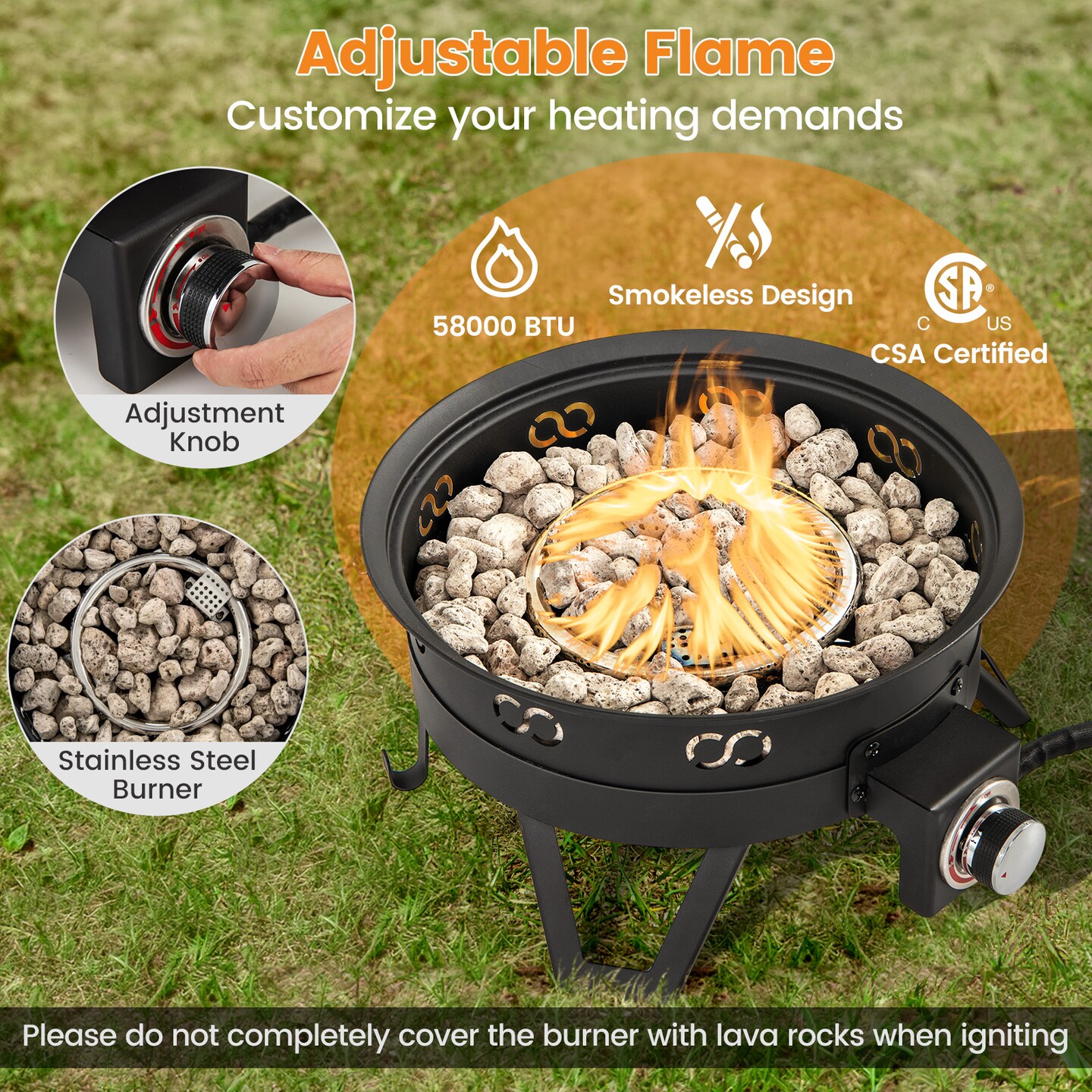 Black Metal and Stainless Steel 2-in-1 Fire Pit with Grill