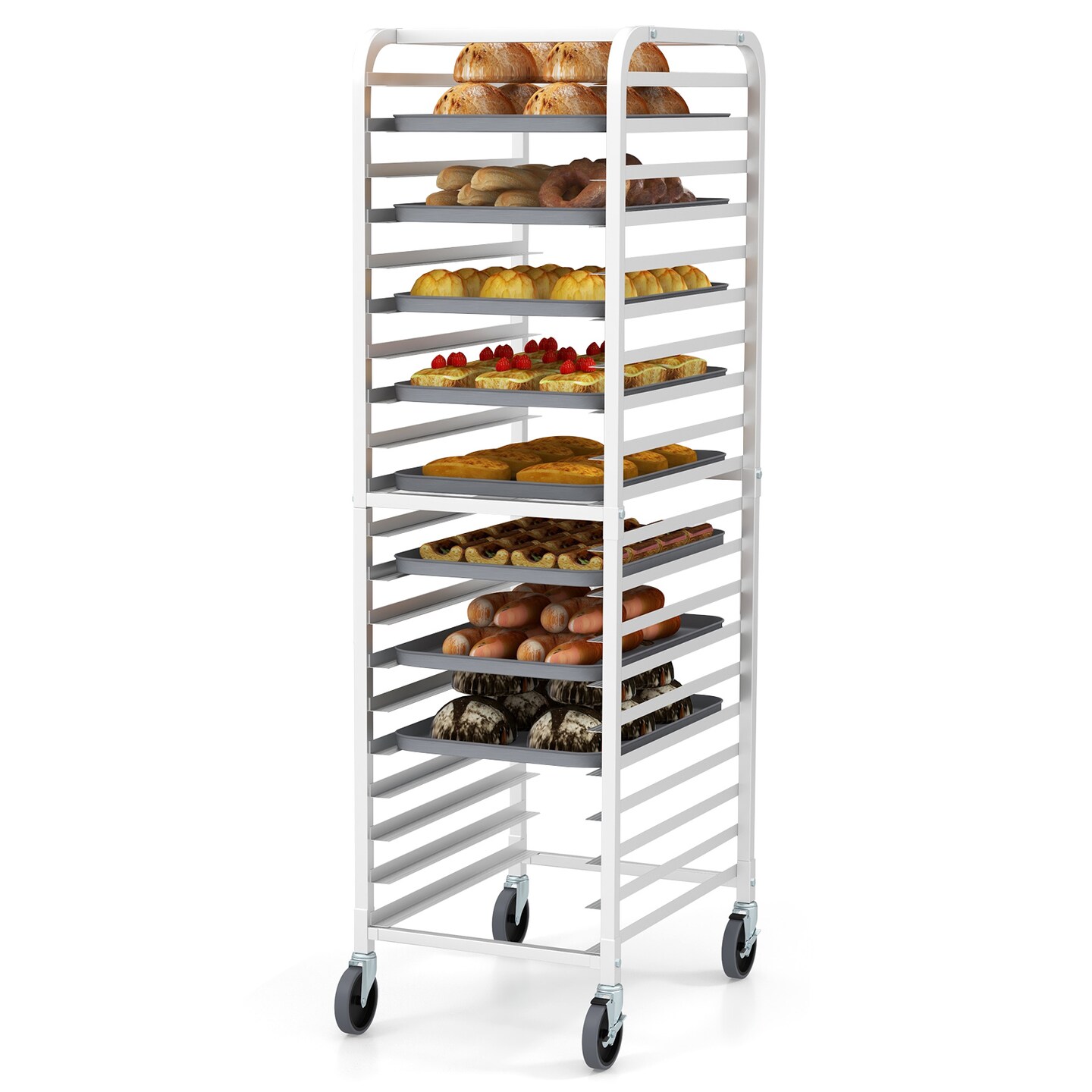 20 Tier Heavy Duty Aluminum Pan Rack Frame with Swivel 4 Wheels and Open Shelves