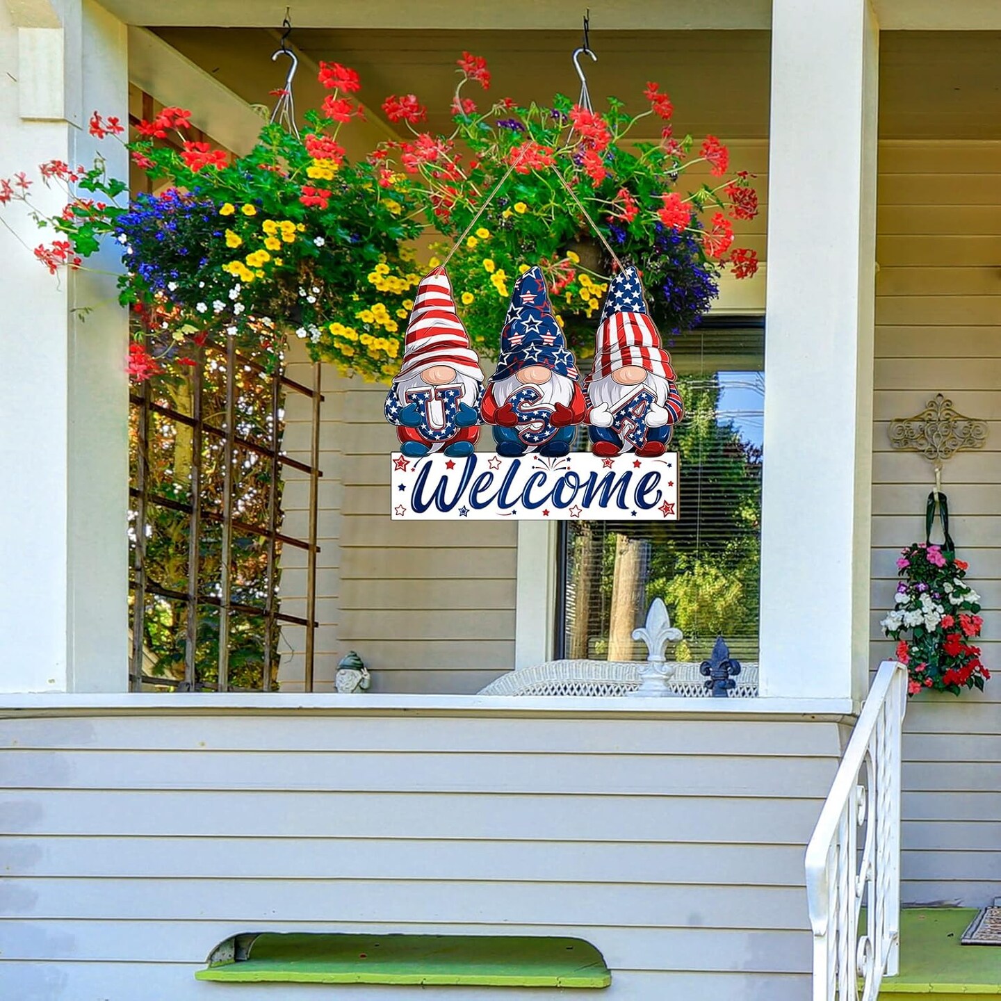 Patriotic Welcome Door Decor 4th of July Wooden Sign Red Blue White Retro Gnome Memorial Day Door Hanger Decoration for Independence Day Porch Wall Window