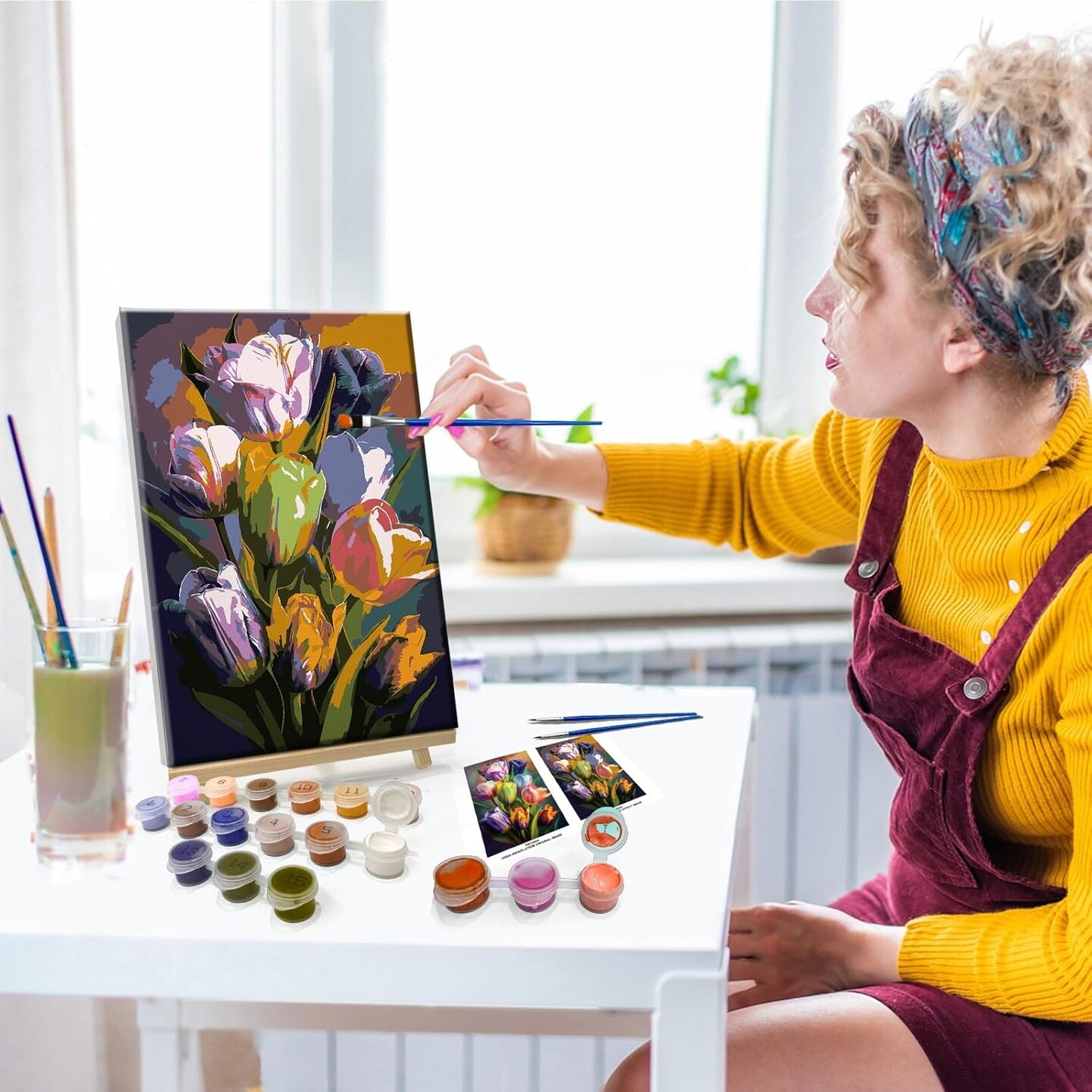 Floral paint by numbers kit for adults featuring a tulip design—includes pre-framed canvas and easel. Digital oil painting kit (7.87 × 11.81 inches), perfect for home wall décor or as a thoughtful gift.