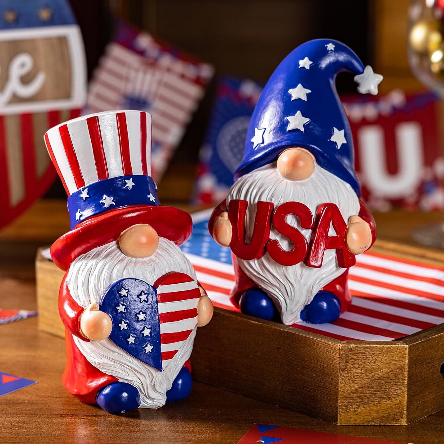 Outdoor Patriotic Garden Gnomes, 2pcs 4th of July Gnome Decor Indoor, Red White Blue Decorations, Gnomes Gifts for Women Mom Grandma