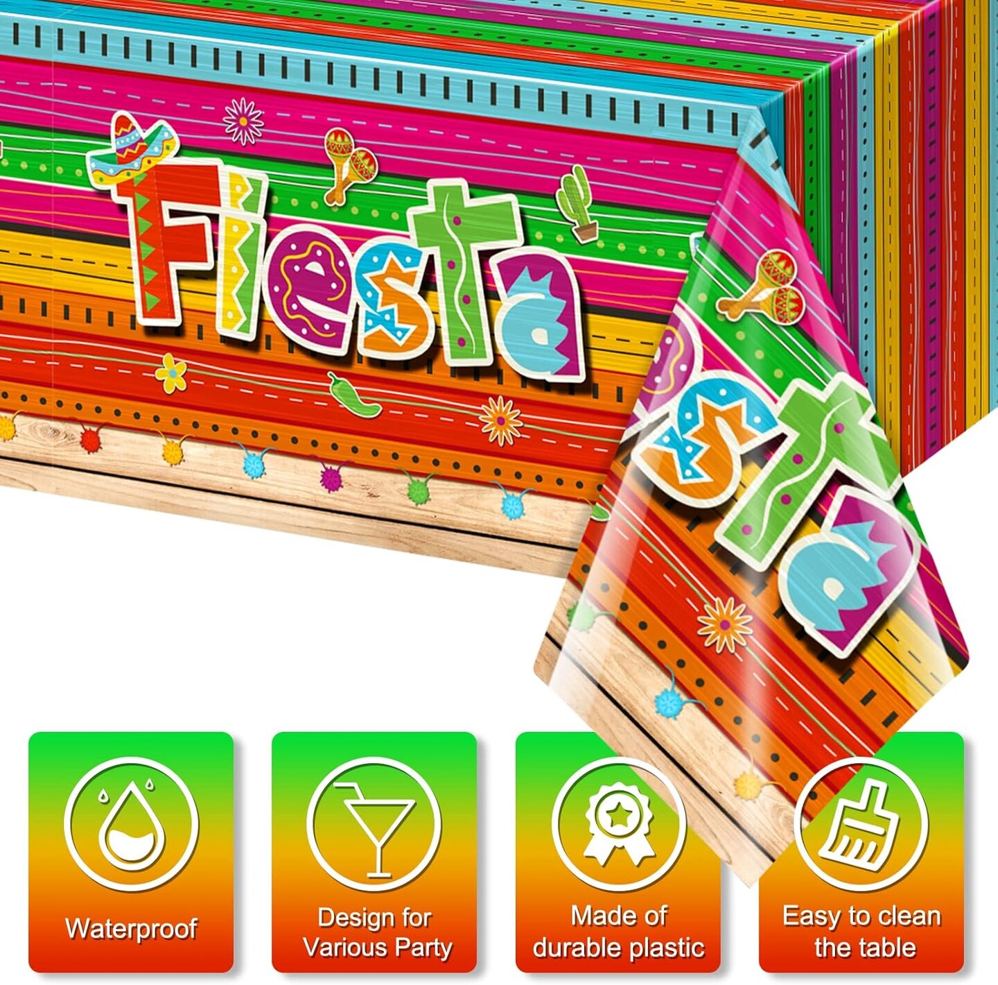 3 Pieces Mexican Fiesta Party Tablecloth Decorations,Plastic Cinco De Mayo Printed Table Cloth Table Cover for Fiesta Taco Night Birthday and Mexican Themed Party Supplies, 54 x 108 Inch