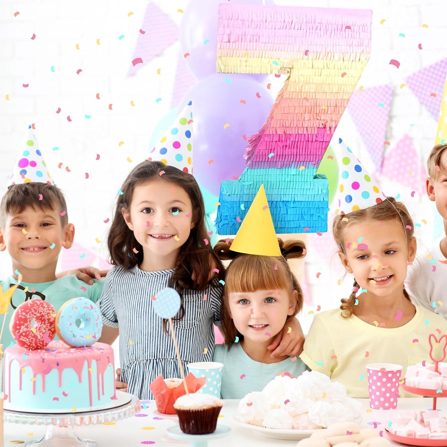 16 Inch Number Piñata Kids Birthday Party Macaron Piñata with Blindfold Stick and Confetti for Unicorn Birthday Wedding Baby Shower Decor(Number 7)