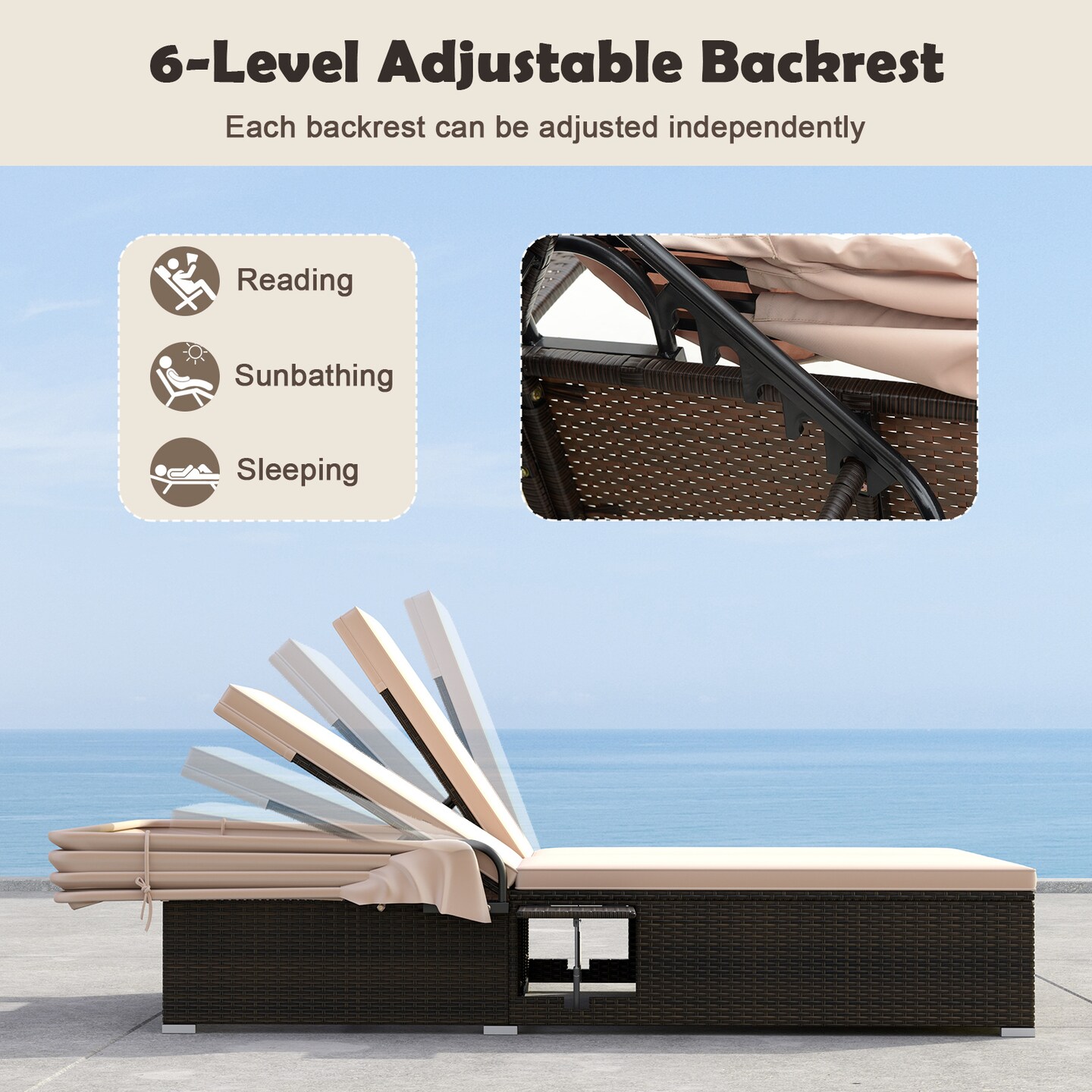 Double Chaise Lounge with Adjustable Backrests, Retractable Canopy &#x26; Cushions