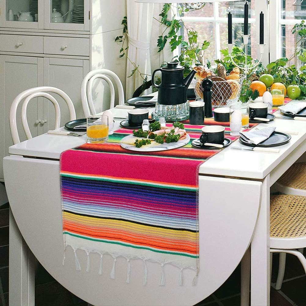 Mexican Serape Table Runner 14 x 84 Inch for Mexican Party Wedding Decorations Outdoor Picnics Dining Table, Fringe Cotton Table Runners