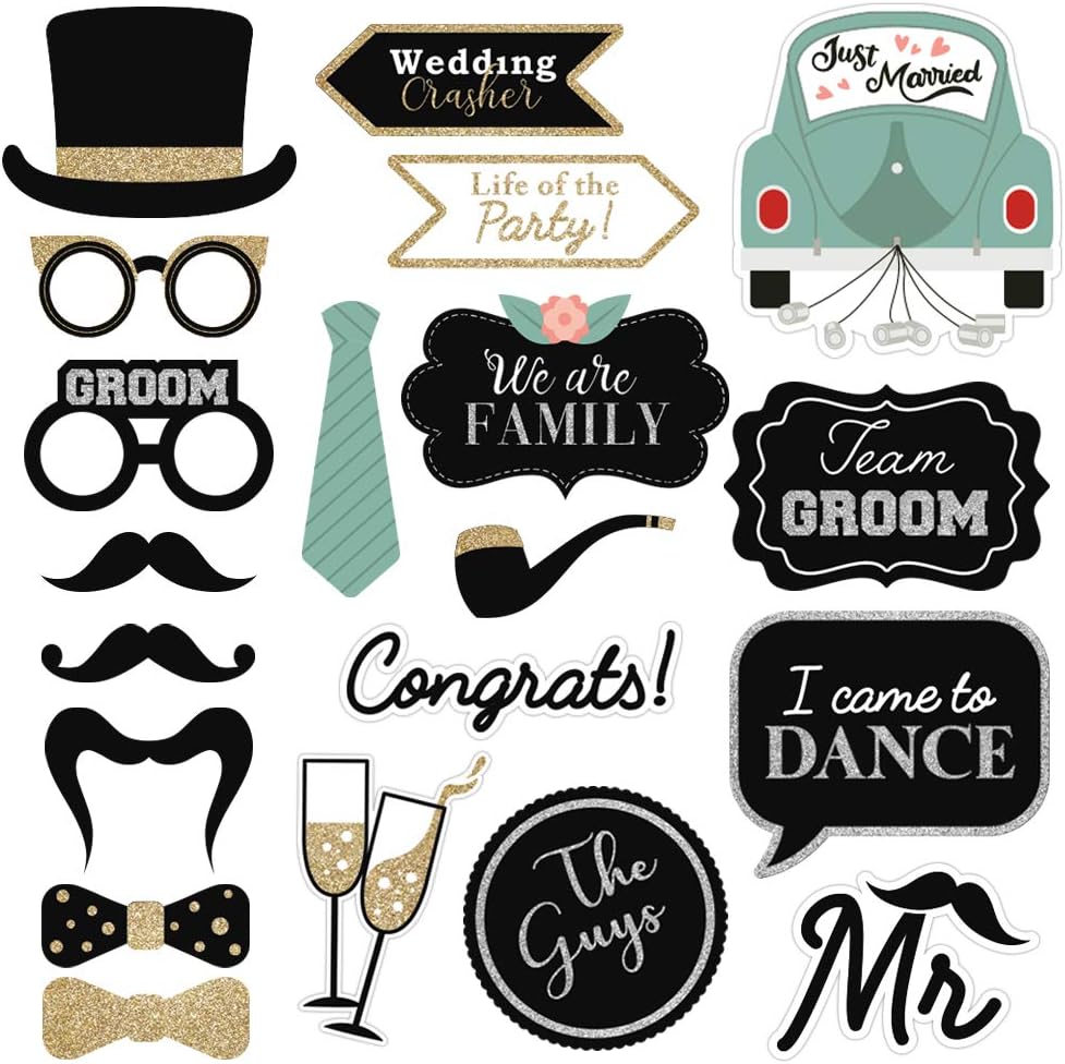 Fully Assembled Wedding Photo Booth Props - Set of 40 - Gold, Pink, Teal, &#x26; Silver Selfie Signs - Wedding Party Supplies &#x26; Decorations - Cute Designs with Real Glitter - Did We Mention No DIY