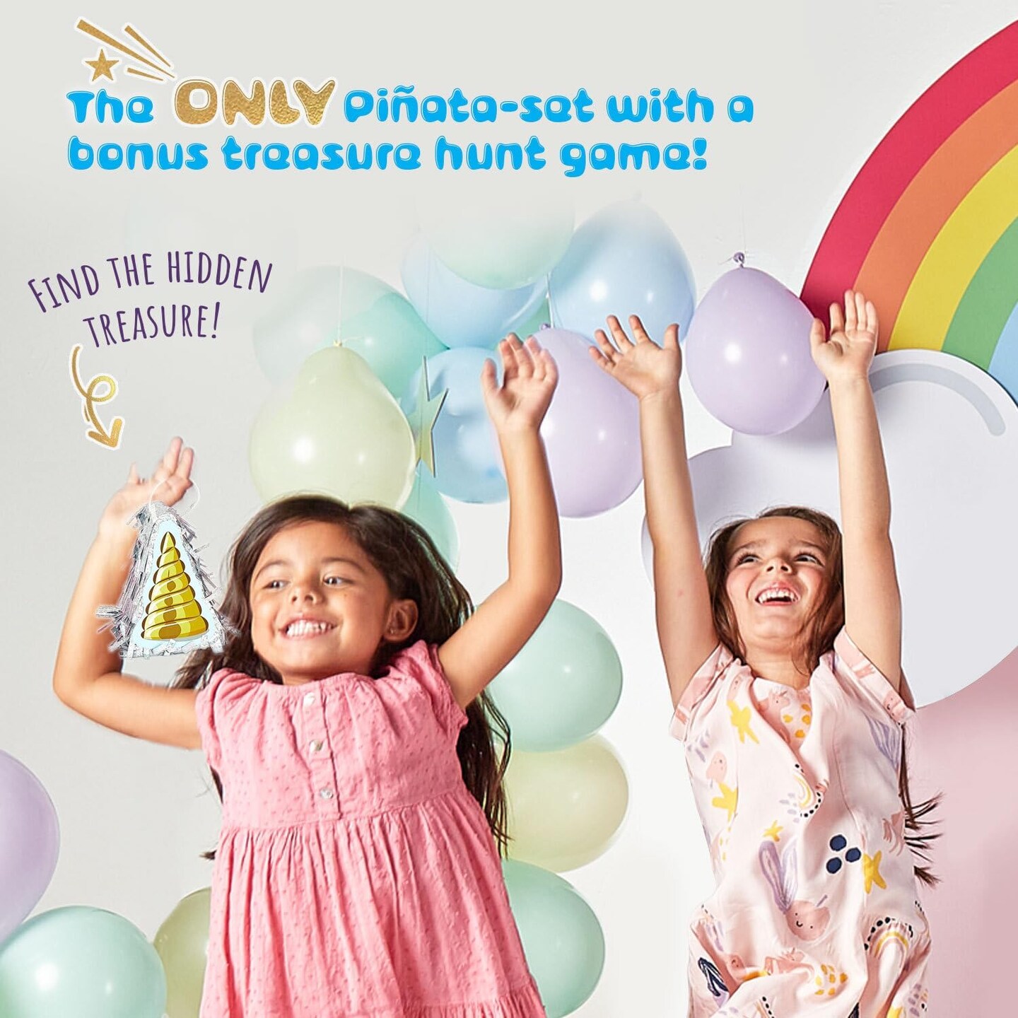 Unicorn Pinata Treasure Hunt Party Game, Birthday Party Complete Set, 16 X 13 Inches, Cute Horse Girl Pinata, Includes Unicorn Pi&#xF1;ata, Horn Mini Pi&#xF1;ata, Pink Bat and more!