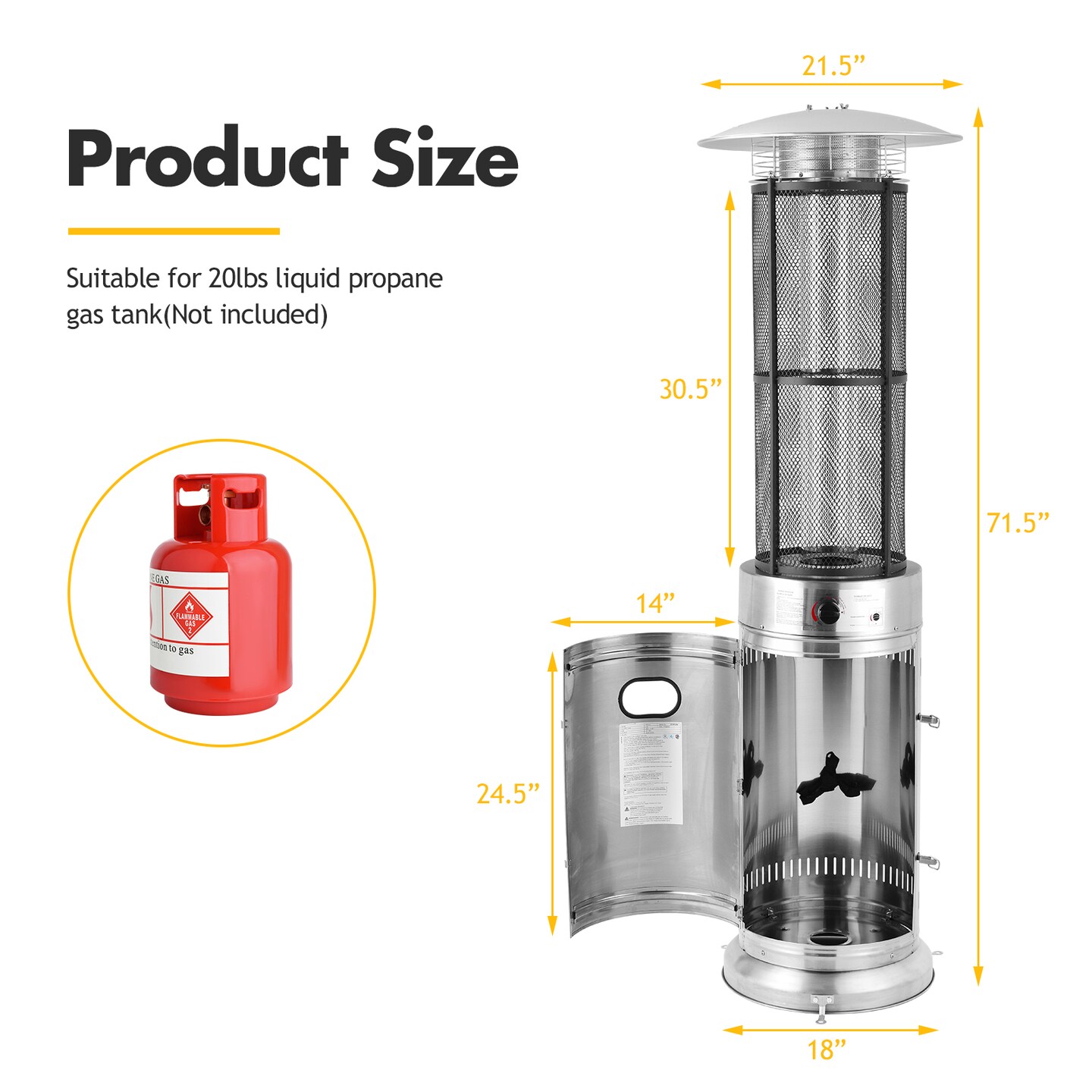 Silver Stainless Steel Round Glass Tube Patio Propane Heaters with Push-Button Ignition