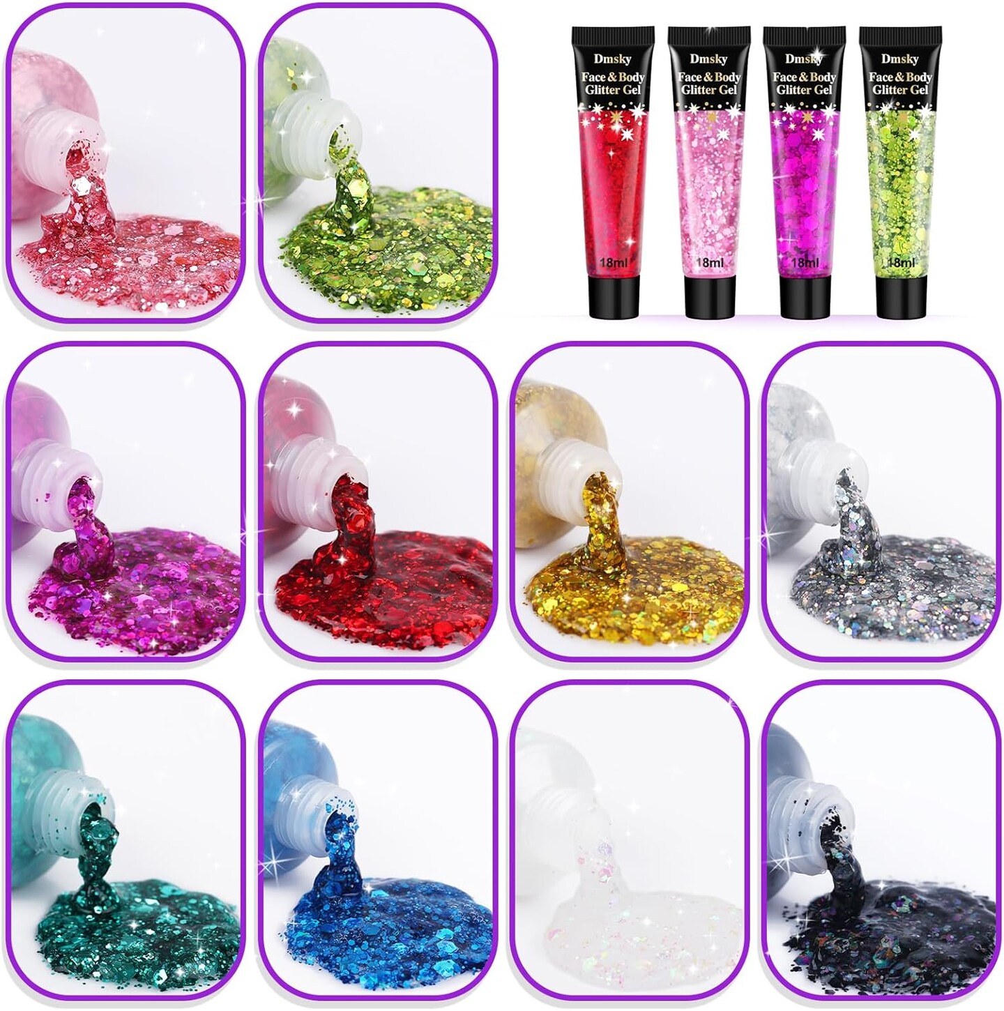 Body Glitter Hair Glitter Face Paint Sparkles Makeup,10 Colors Glitter Gel Singer Concerts Disco Rave Festival Valentine&#x2019;s Day Accessories,Chunky Sequins Mermaid Gel for Women Eyeshadow Children Hair
