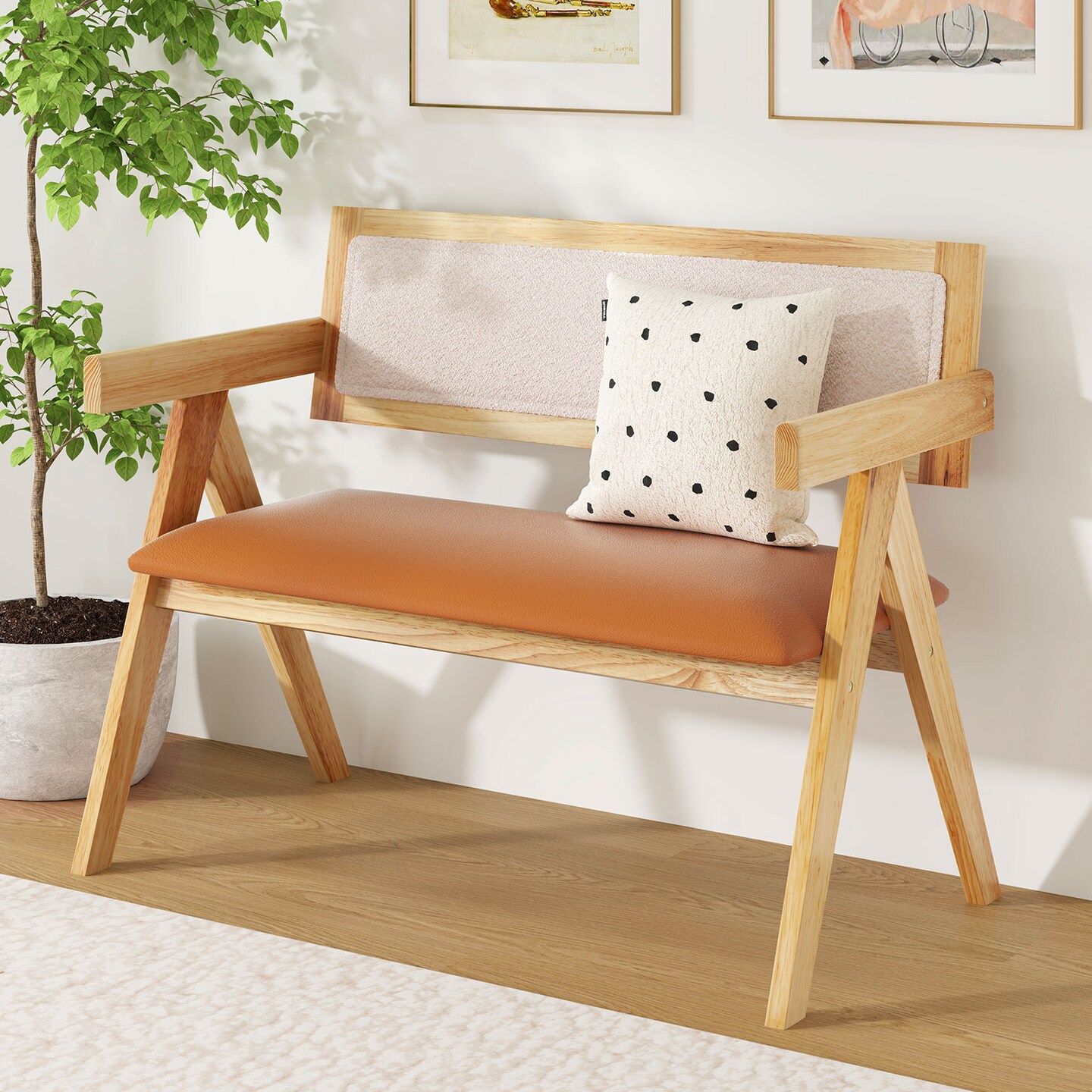 Natural Wood Dining Bench with Sherpa Upholstered Backrest and Soft-Padded Seat