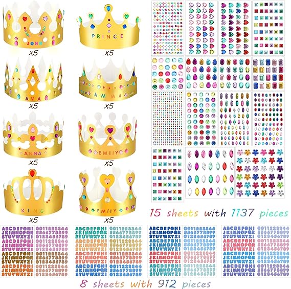 63 pcs Paper Crowns Princess Prince Crown Kids Birthday Party King Hats Gold gem Jewels Number Letter Stickers