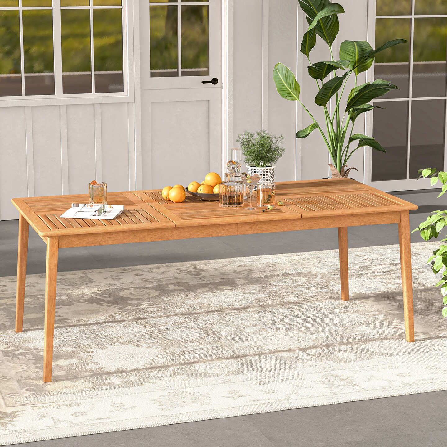 Natural Acacia Wood 8-Person Patio Rectangular Dining Table with Umbrella Hole