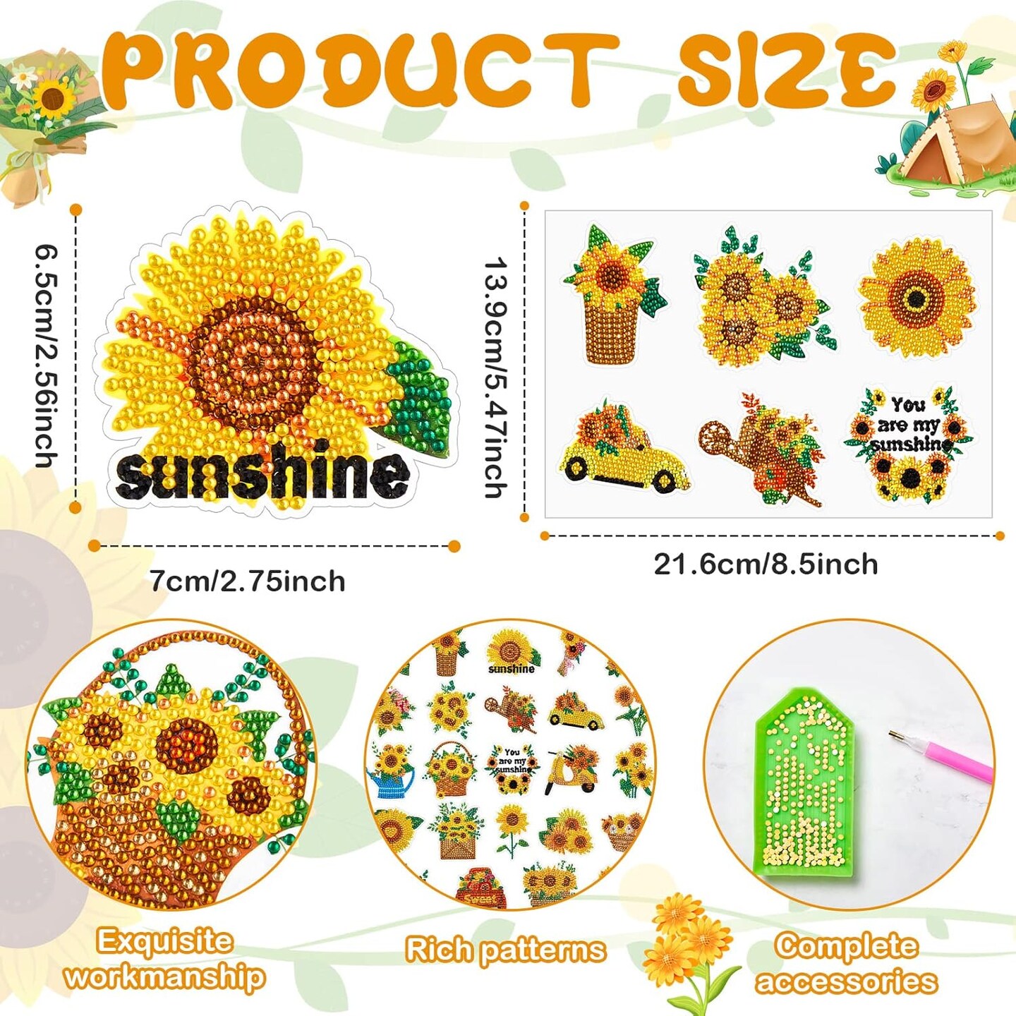 24 Pcs Diamond Art Stickers for Kids Sunflower Diamond Painting Stickers 5D DIY Gem Painting Kit Paint by Numbers Diamonds Spring Mosaic Back to School Gift for Boy Girl