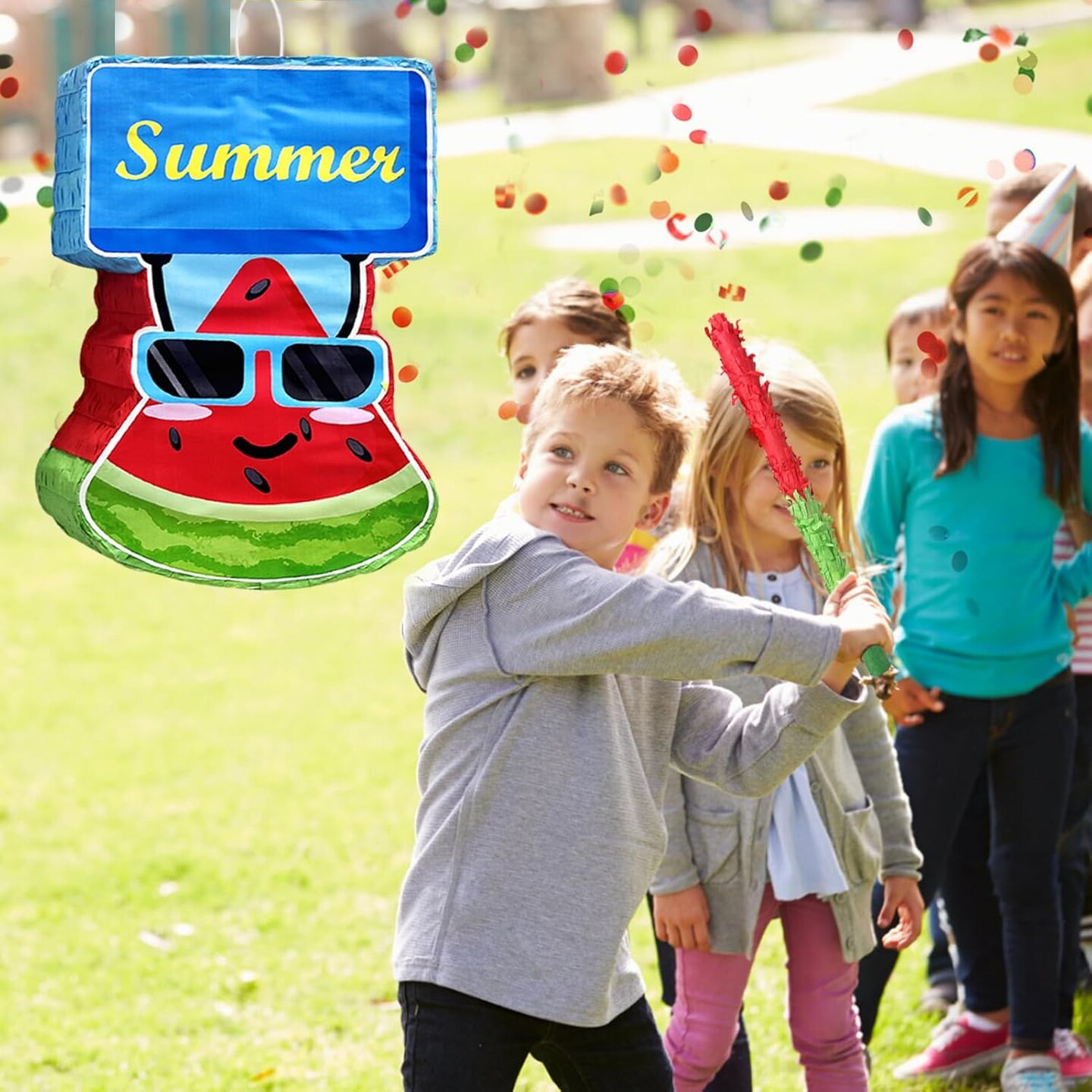 Watermelon Pi&#xF1;ata Summer Theme Pi&#xF1;ata,with Stick Blindfold Confetti,16.5 x 10.2 x 2.6 Inches Summer Fruit Pi&#xF1;ata for Summer Birthday Parties Summer Theme Parties Decoration Party Game