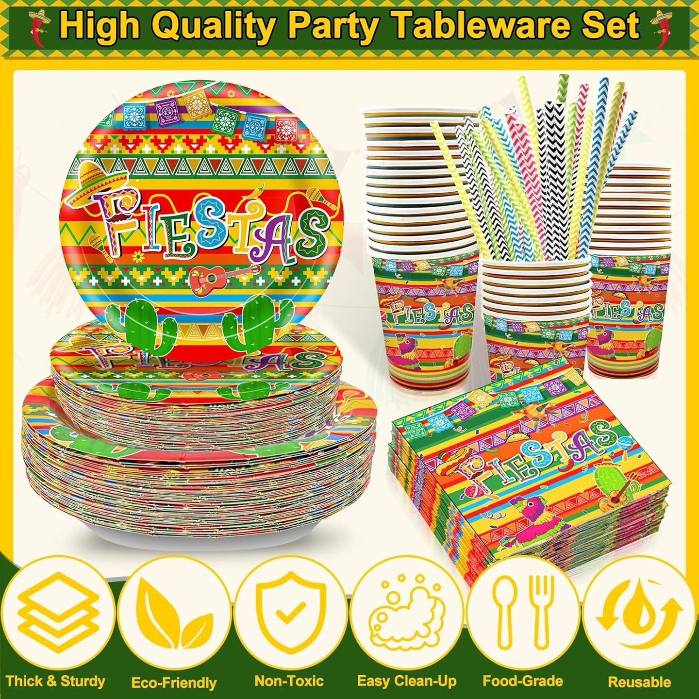 180 Pcs Cinco De Mayo Decorations for 36 Guests, Fiestas Mexican Tableware Set Include 9&#x27;&#x27; and 7&#x27;&#x27; Plates, Napkins, Straws, Cups Mexican Theme Party Supplies for Birthday Carnivals Taco Party Favors