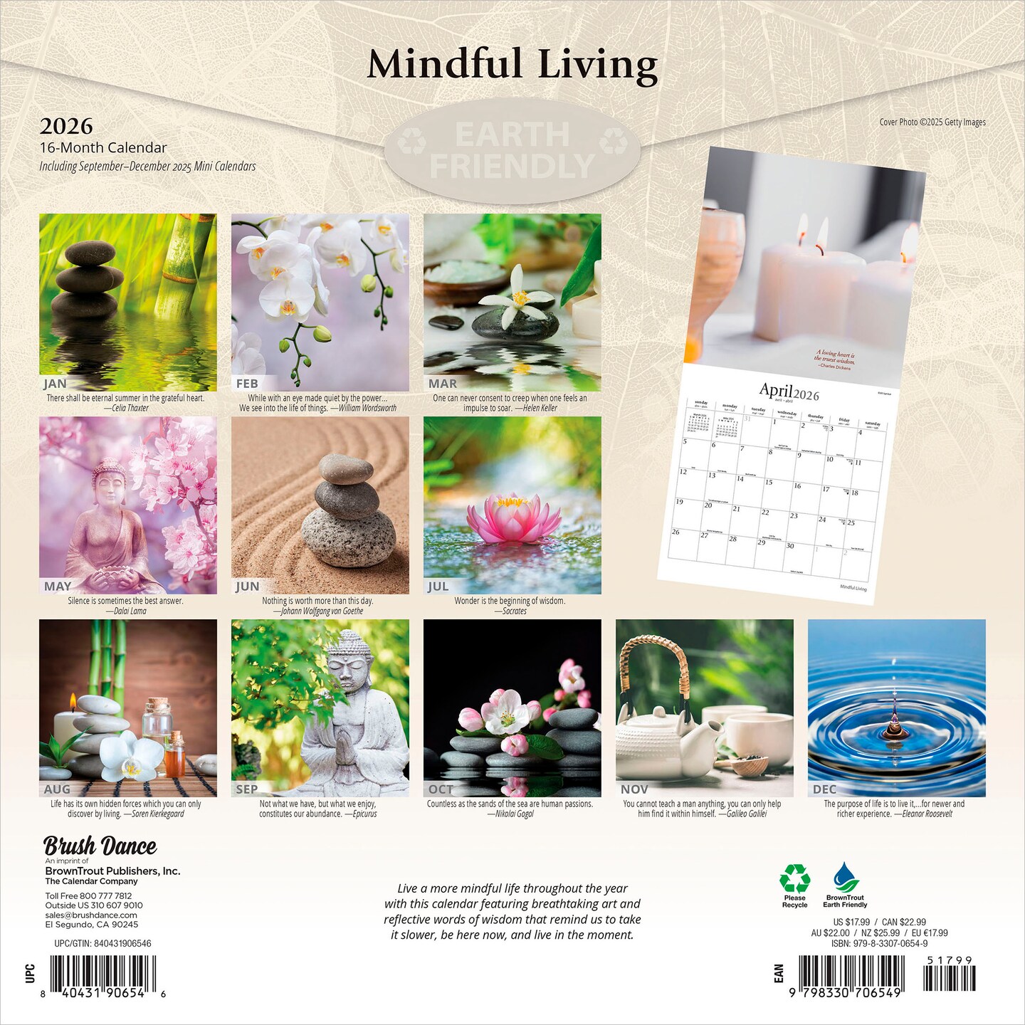 Mindful Living | 2026 12 x 24 Inch (Hanging) Monthly Square Wall Calendar | Plastic-Free | Brush Dance | Art Quotes Photography Inspiration