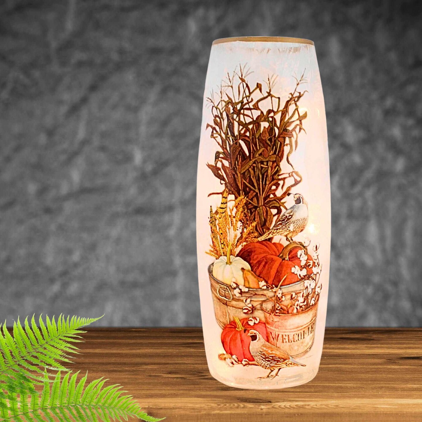 Stony Creek 12.0 Inch Quail Chickadees Lg Prelit Vase Thanksgiving Lighted Glass Accent , Thanksgiving Decor Autumn Fall