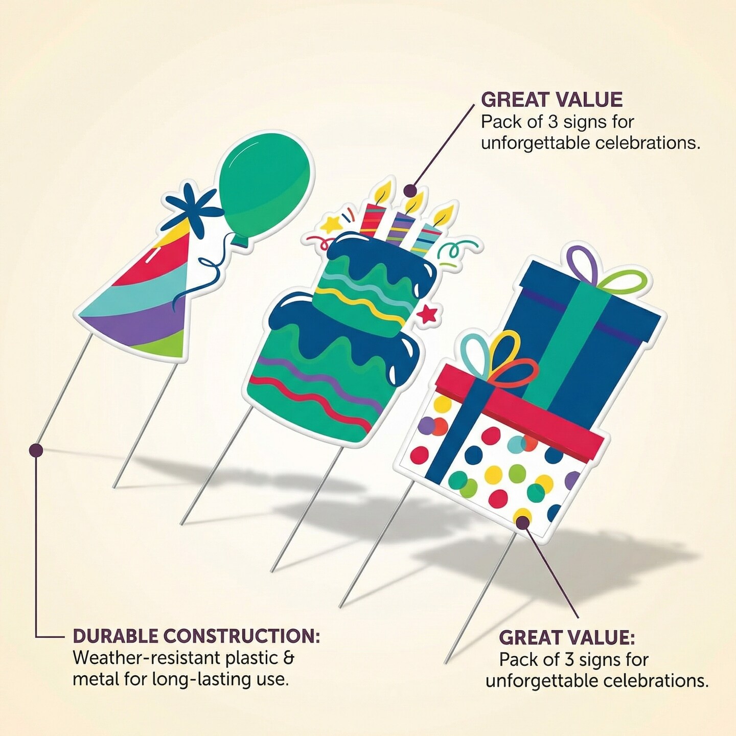 Vibrant Birthday Yard Signs with Stakes, 24.8" x 15.8", Pack of 3 Outdoor Party Decorations