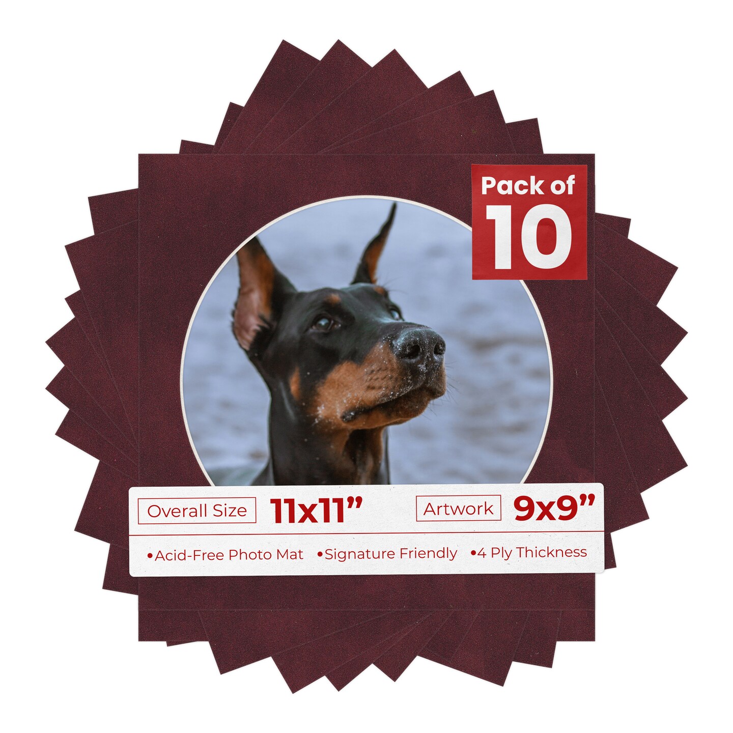 Dark Red Suede Mat Board for 11x11 Frames - Circle Opening for 9x9 Photos