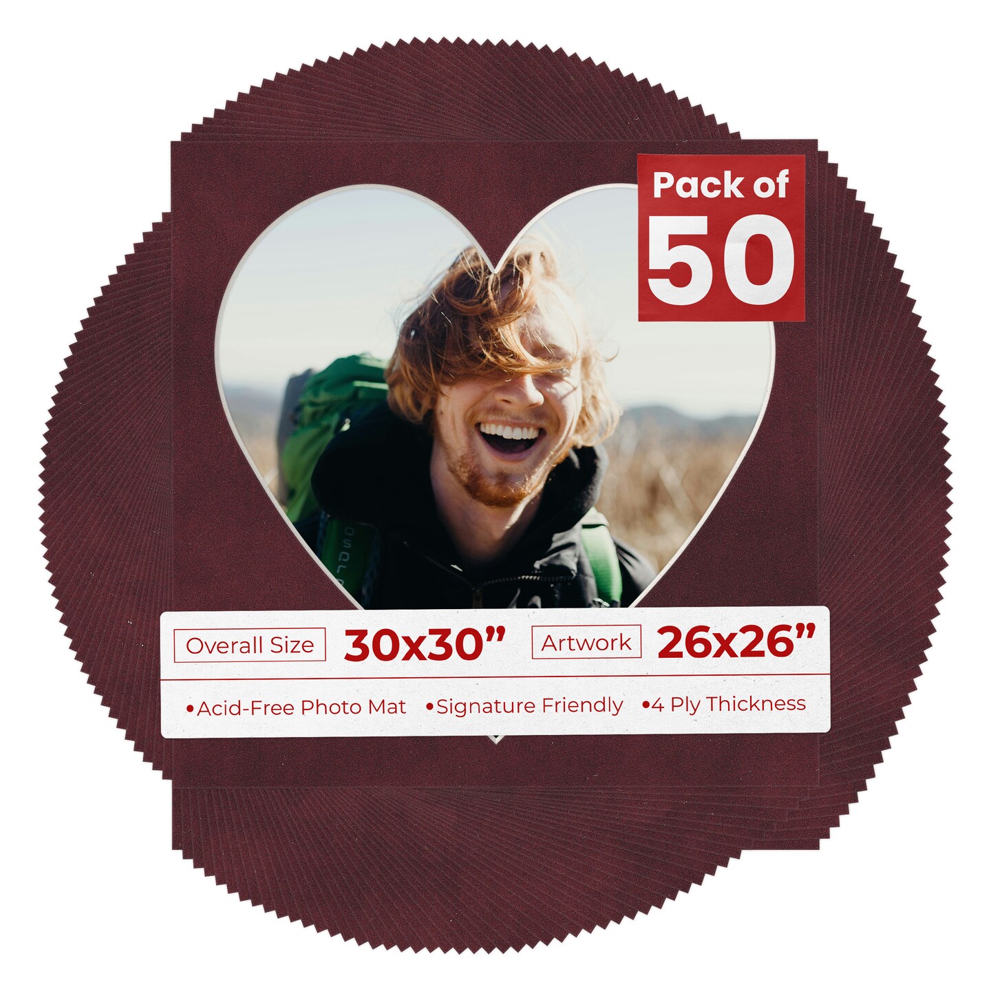 Dark Red Suede Mat Board for 30x30 Frames - Heart Opening for 26x26 Photos