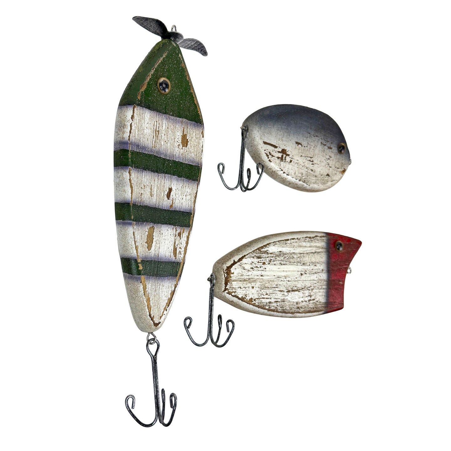 Fishing Lure Wall Hook Rack Set 3 Rustic Nautical Wood Metal Fish Decor
