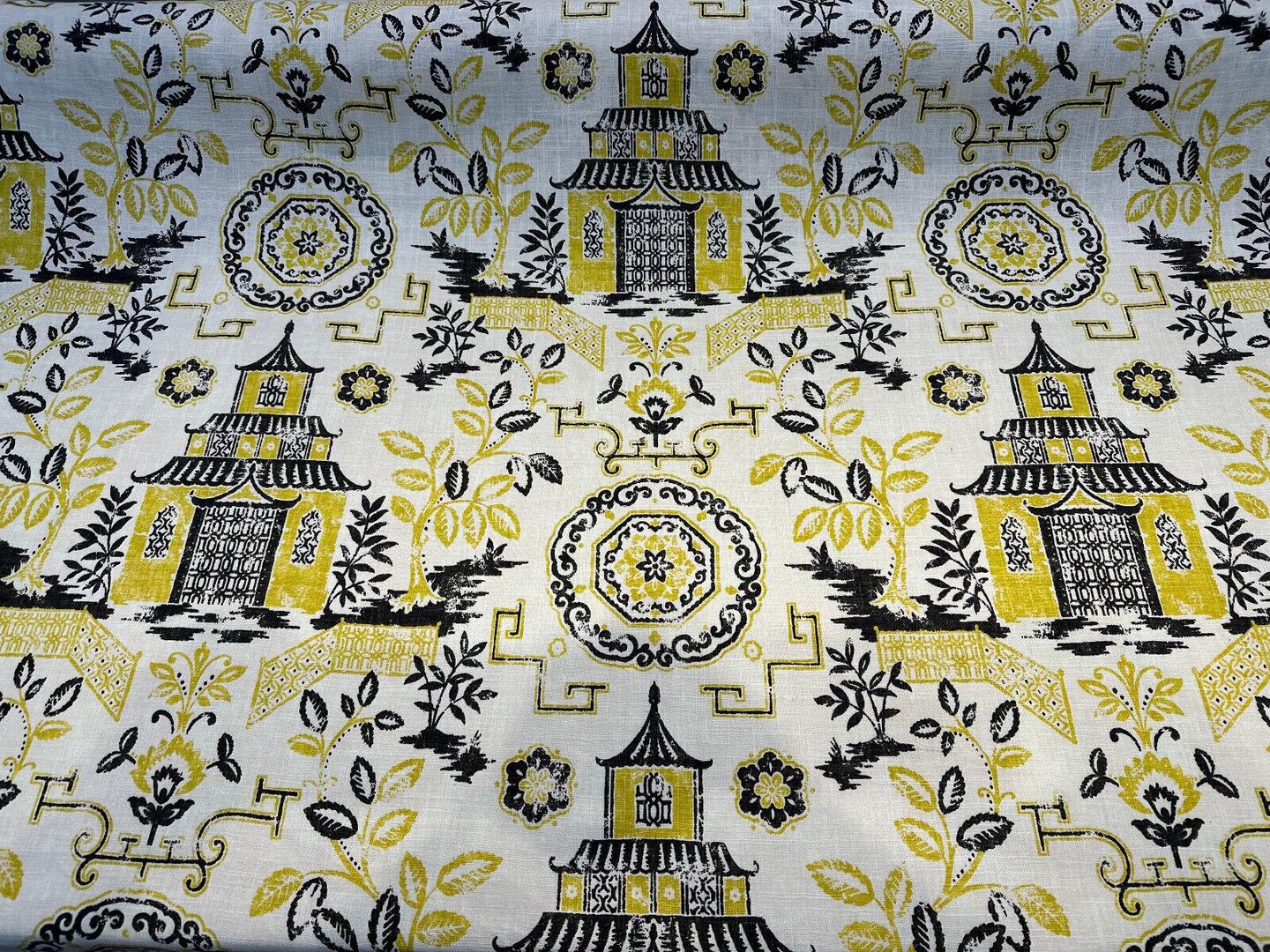 1 Yard Teahouse Toile Yellow Canary Drapery Upholstery Fabric 54 Inches Wide