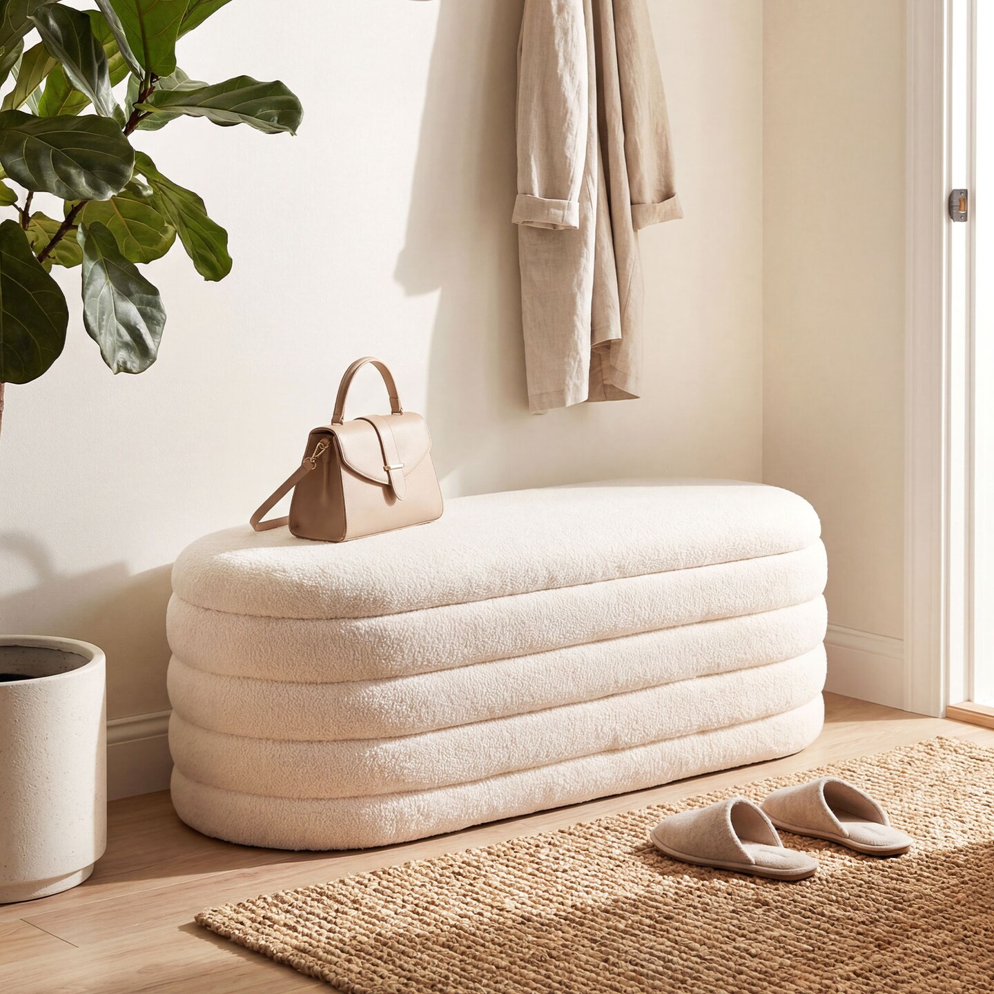 White Storage Bench Boucle Fabric Sponge Wooden Board 29-Gallon Capacity