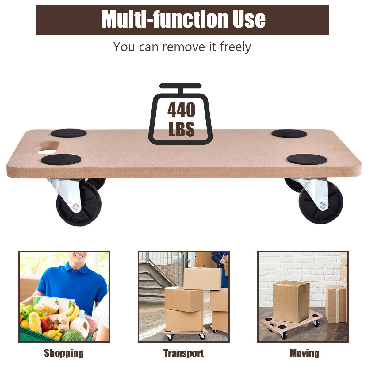Beige Wood Dolly 440 lbs Heavy Duty Furniture Moving Dolly MDF Platform with 4 Wheels Indoor Transport Cart