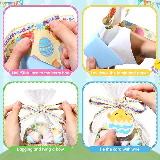 36 Set Plastic Easter Gift Baskets Empty Small Party Favor Boxes with Trays, Tags, Ribbons, Wrap Bags, Ties & Tissue Liners for Candy Dessert, Easter Egg Hunt Supplies