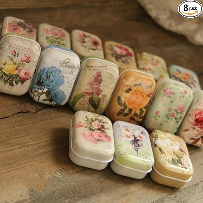 8Pcs Mini Flower Tin Trinket Jewelry Organizer Storage Box Decorative Boxes Small Metal Tins with Hinged Lids Portable Box Containers Small Storage Kit,Easter Basket Stuffers