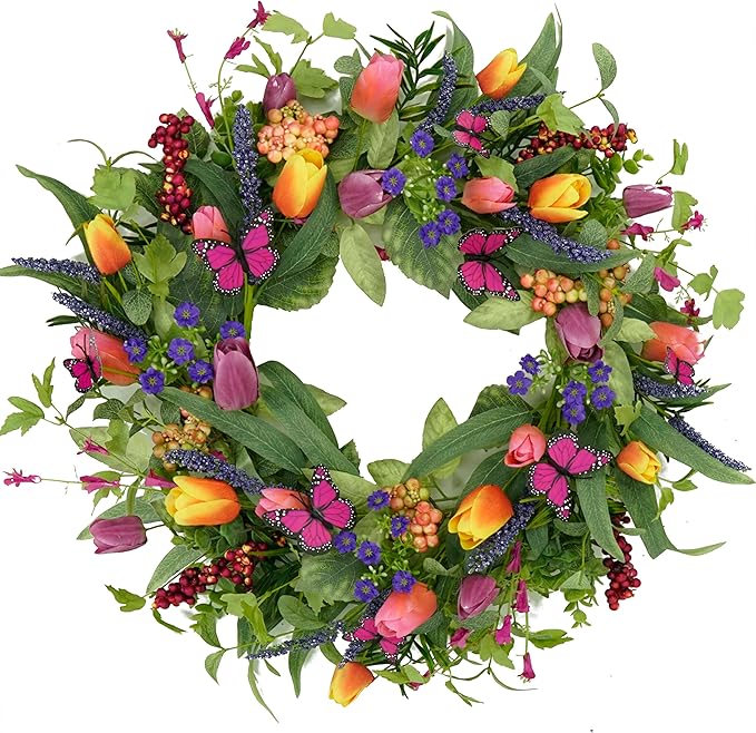 22 inch Spring Summer Wreath Tulip Wreath for Front Door with Purple Tassels, Eucalyptus Leaves, Ferns, Butterflies for Indoor Outdoor Wall Festival Home Farmhouse Wedding Decor